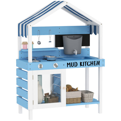 Mud Kitchen Kids Outdoor Garden Play Kitchen Made of Wood with Stove, Sink, Faucet, Storage Shelves, Cookware, Accessories, Play Kitchen for Kids 3-7 Years Blue