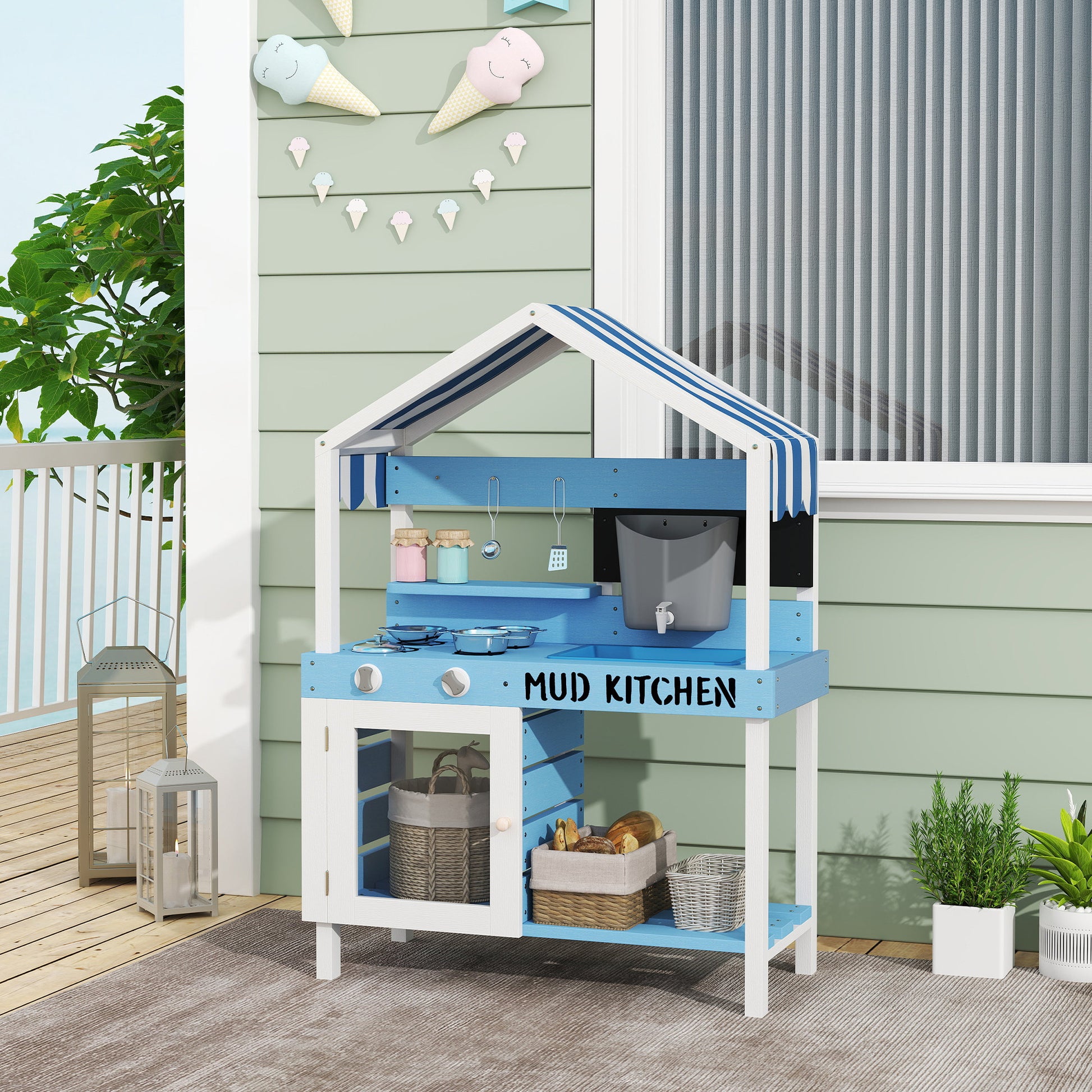 Mud Kitchen Kids Outdoor Garden Play Kitchen Made of Wood with Stove, Sink, Faucet, Storage Shelves, Cookware, Accessories, Play Kitchen for Kids 3-7 Years Blue