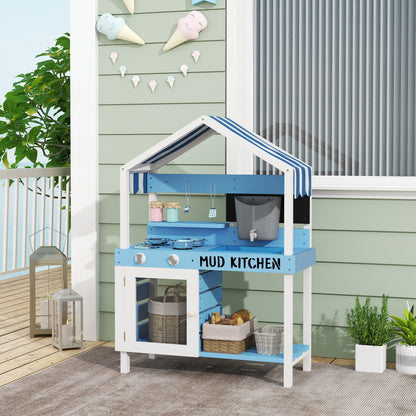 Mud Kitchen Kids Outdoor Garden Play Kitchen Made of Wood with Stove, Sink, Faucet, Storage Shelves, Cookware, Accessories, Play Kitchen for Kids 3-7 Years Blue