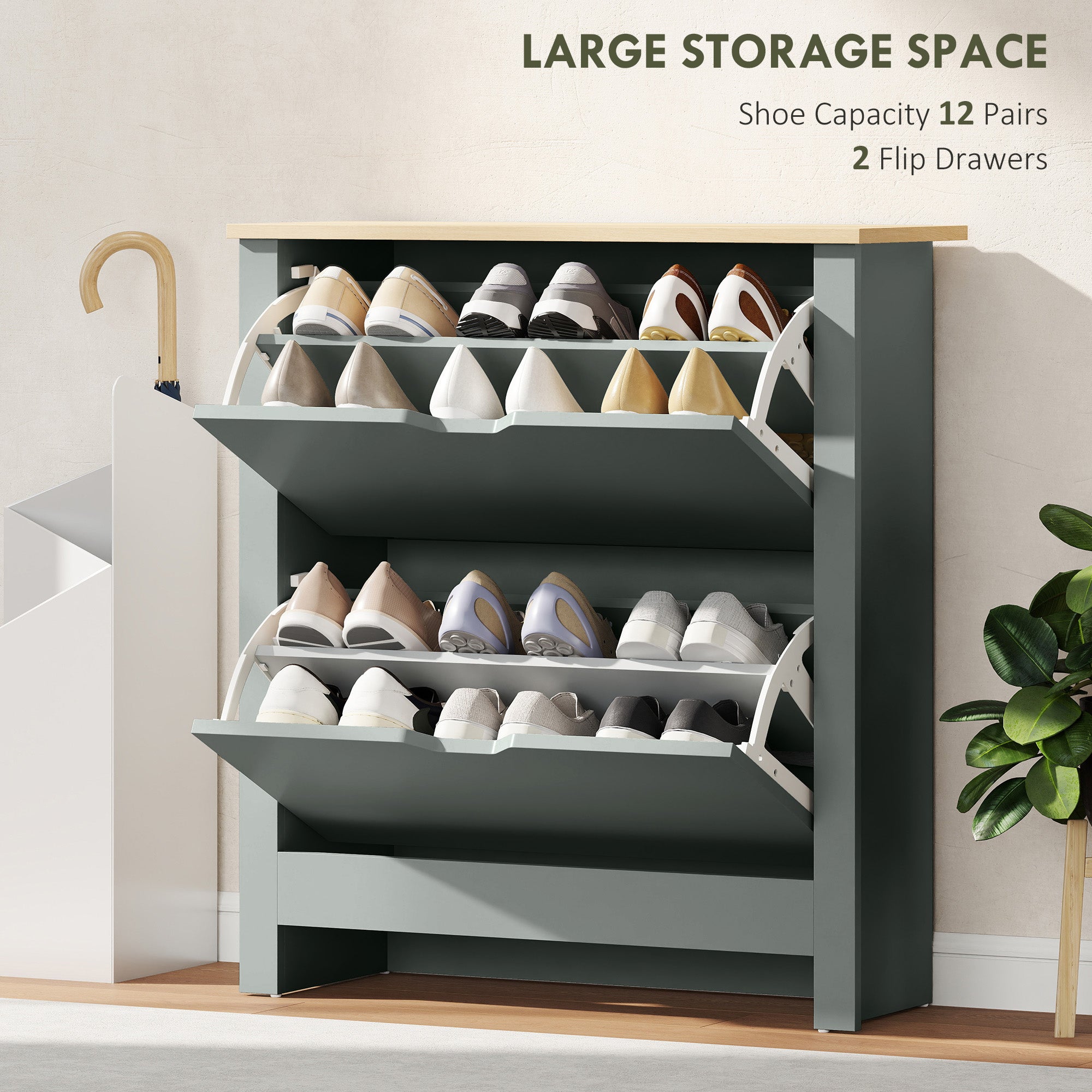 Shoe Cabinet with 2 Flip Drawers – Slim Shoe Rack with Adjustable Divider for up to 12 Pairs, 28.3 x 10.2 x 31.5 in, Light Gray