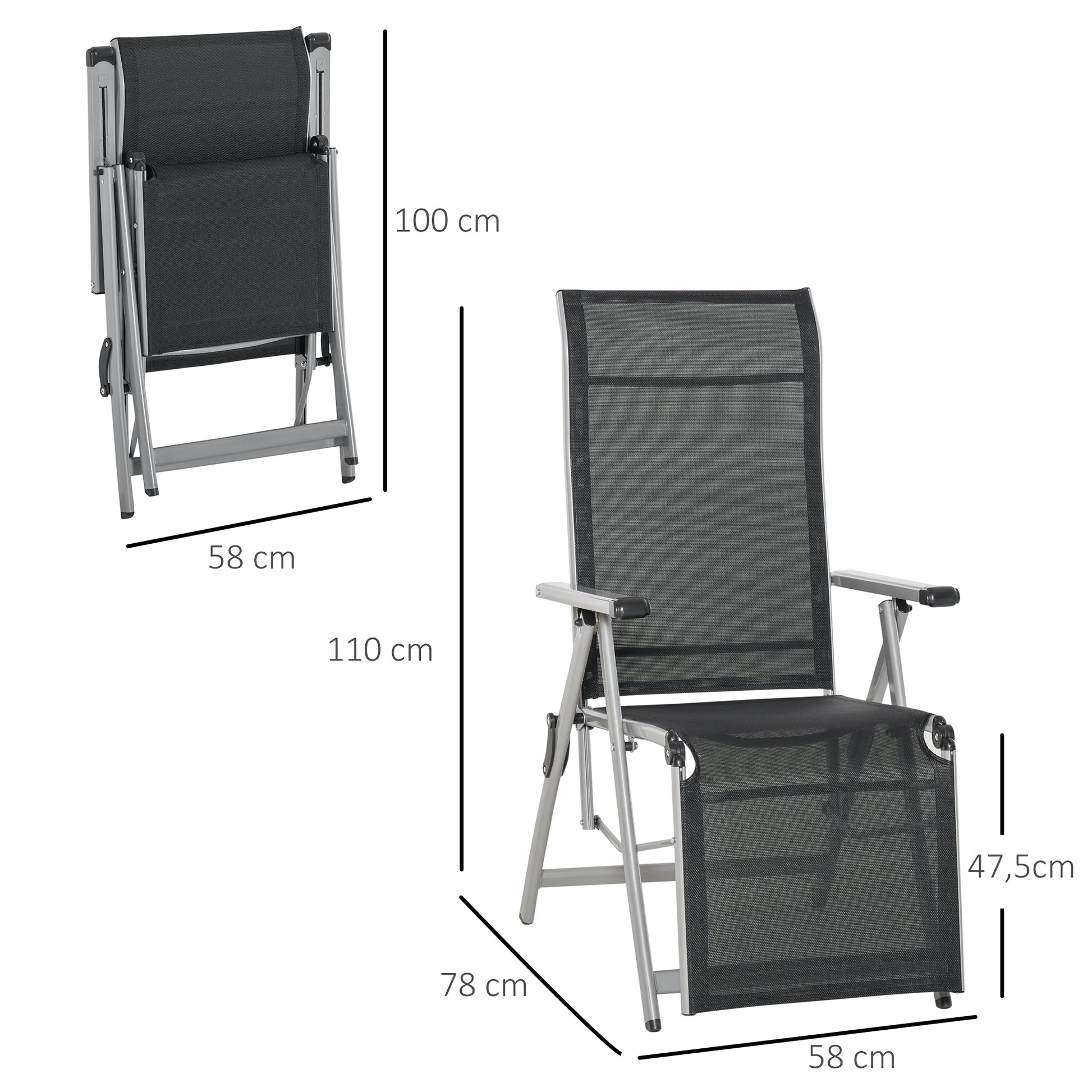 Foldable Garden Lounger Chair Beach Chair Adjustable in 10 Positions with High Backrest and Breathable Footrest Max Load 120 kg for Outdoor Terrace 78x58x110 cm Black