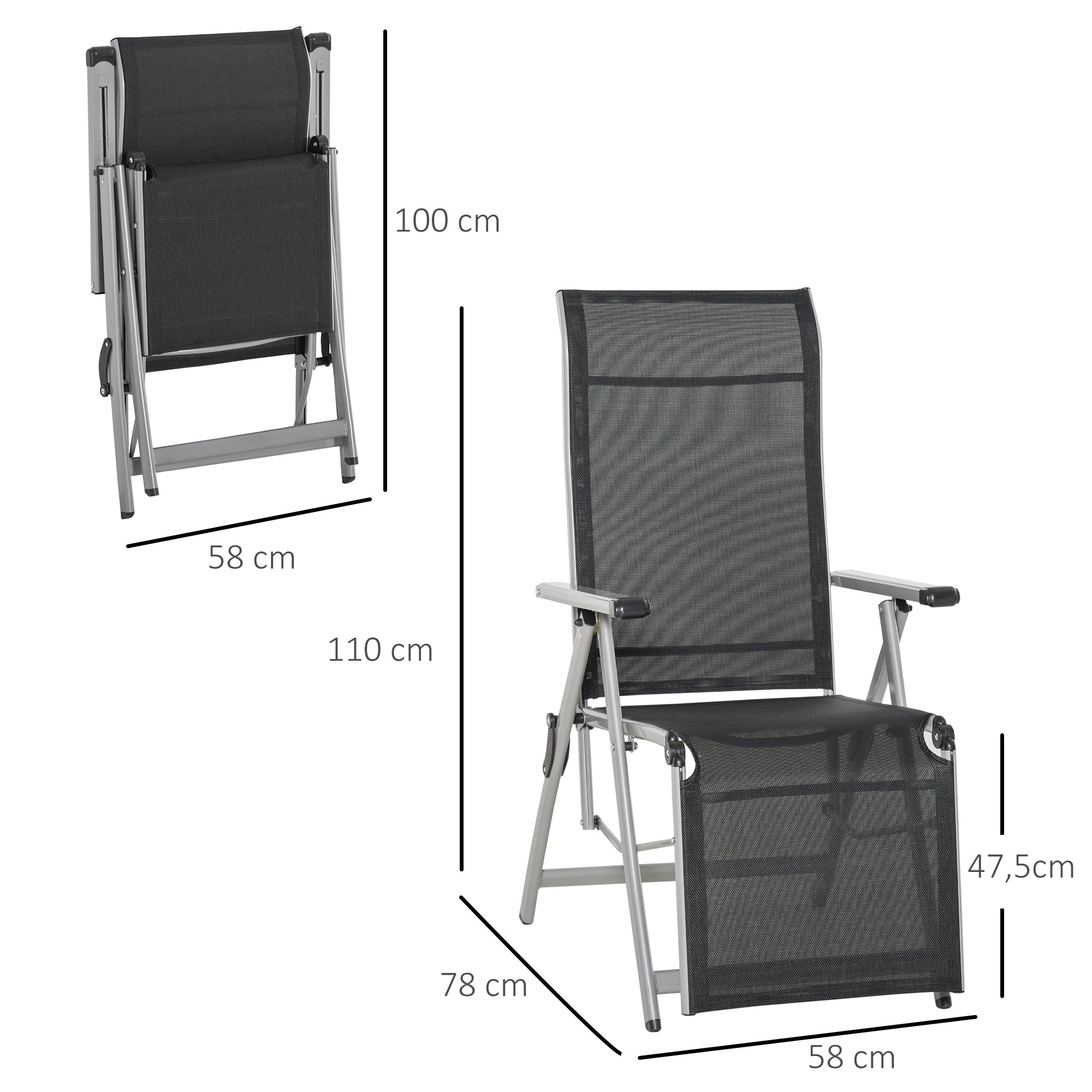 Foldable Garden Lounger Chair Beach Chair Adjustable in 10 Positions with High Backrest and Breathable Footrest Max Load 120 kg for Outdoor Terrace 78x58x110 cm Black
