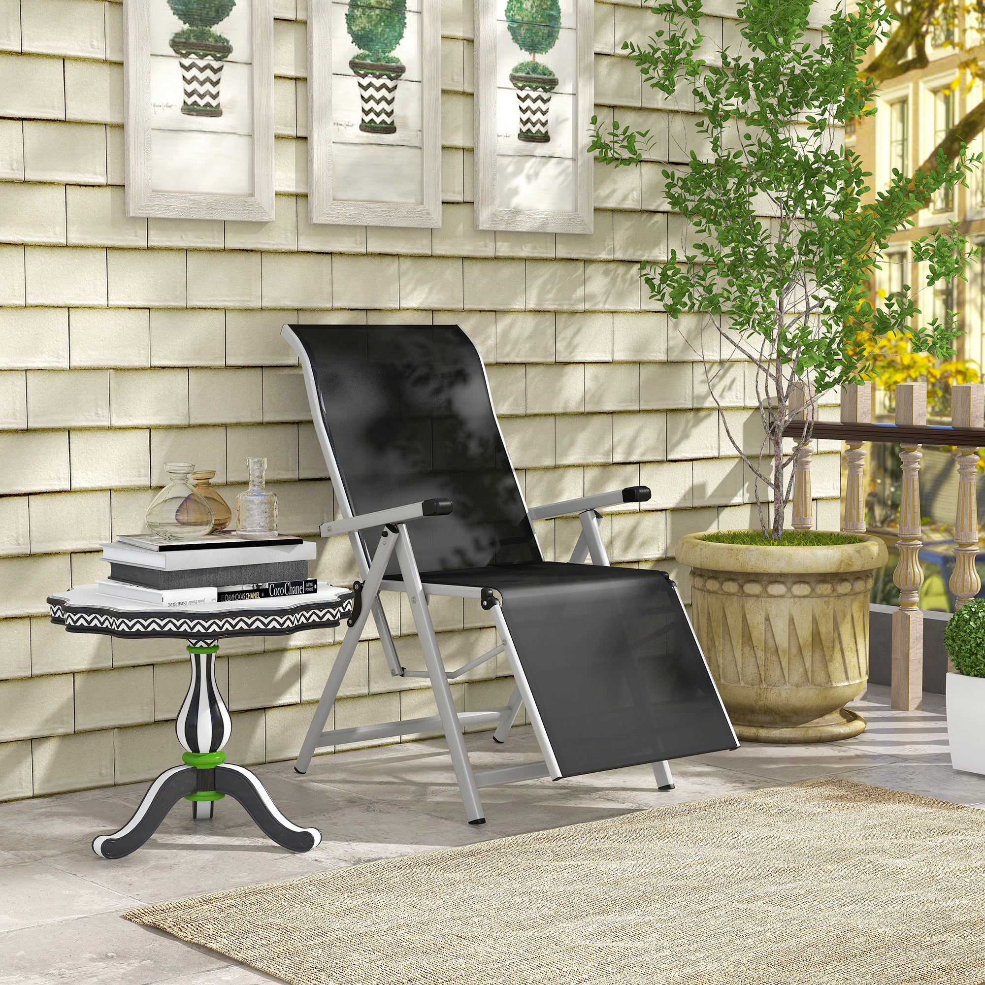 Foldable Garden Lounger Chair Beach Chair Adjustable in 10 Positions with High Backrest and Breathable Footrest Max Load 120 kg for Outdoor Terrace 78x58x110 cm Black