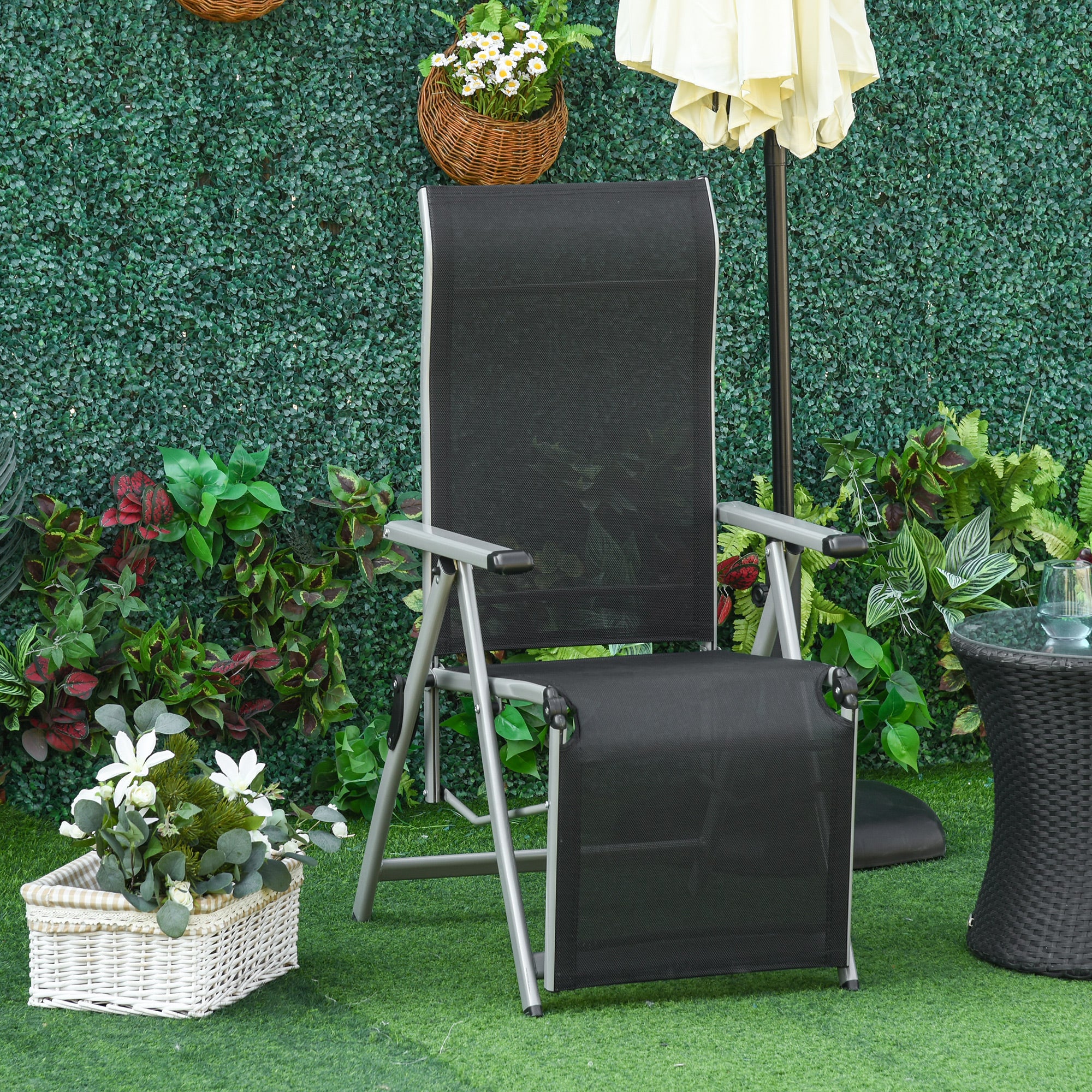 Foldable Garden Lounger Chair Beach Chair Adjustable in 10 Positions with High Backrest and Breathable Footrest Max Load 120 kg for Outdoor Terrace 78x58x110 cm Black