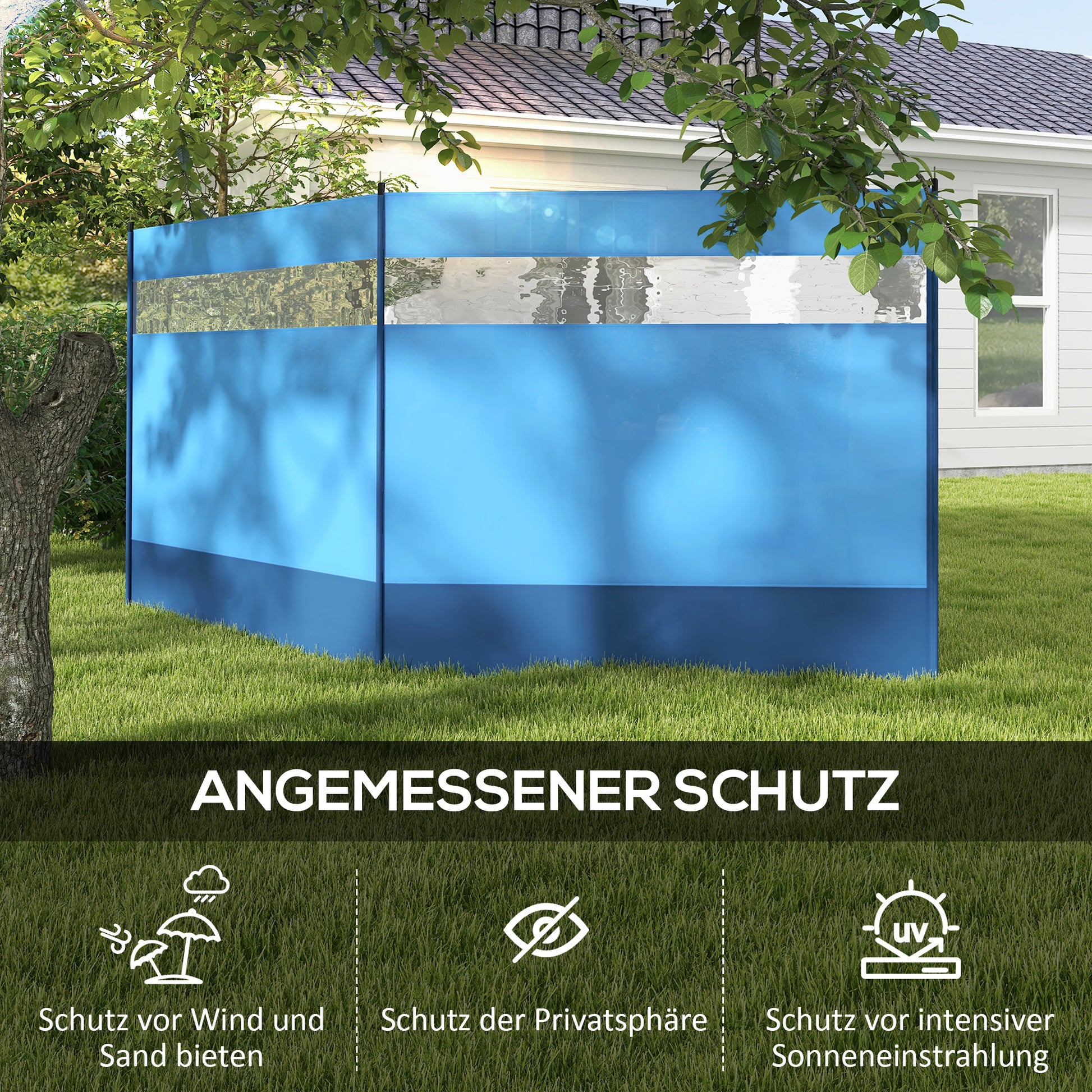 Folding Windbreak Camping Privacy Screen with Light Source Window, Pegs, Ropes, Windbreak Fence Beach Windshield Sun Shade for Camping Garden, Beach, Patio 440 x 140 cm Blue