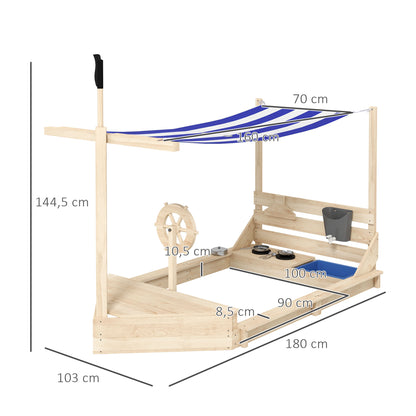 Sandbox Large Sandpit with Cover in Ship Design Mud Pit made of Wood Sailboat Playhouse with Kitchen Playset Storage for Children 3-7 years Natural 180 x 103 x 144.5 cm