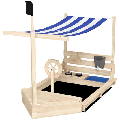 Sandbox Large Sandpit with Cover in Ship Design Mud Pit made of Wood Sailboat Playhouse with Kitchen Playset Storage for Children 3-7 years Natural 180 x 103 x 144.5 cm