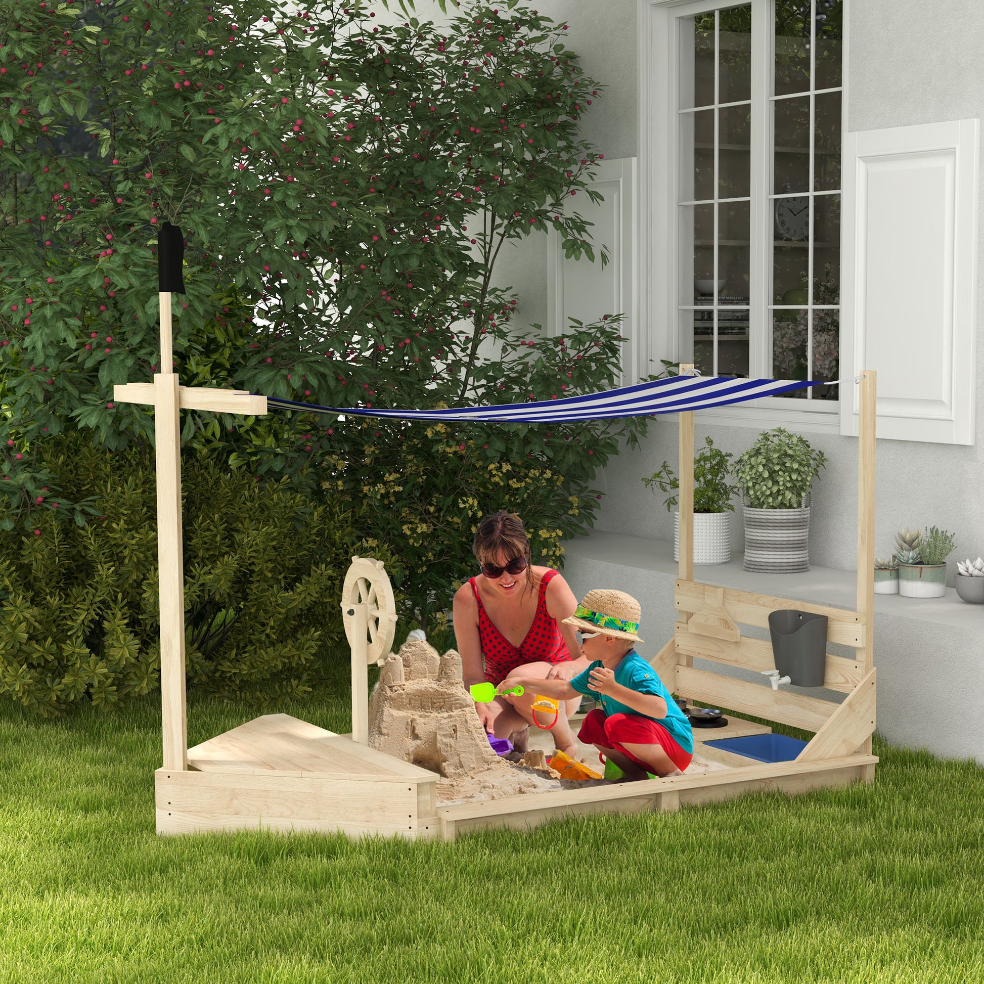 Sandbox Large Sandpit with Cover in Ship Design Mud Pit made of Wood Sailboat Playhouse with Kitchen Playset Storage for Children 3-7 years Natural 180 x 103 x 144.5 cm