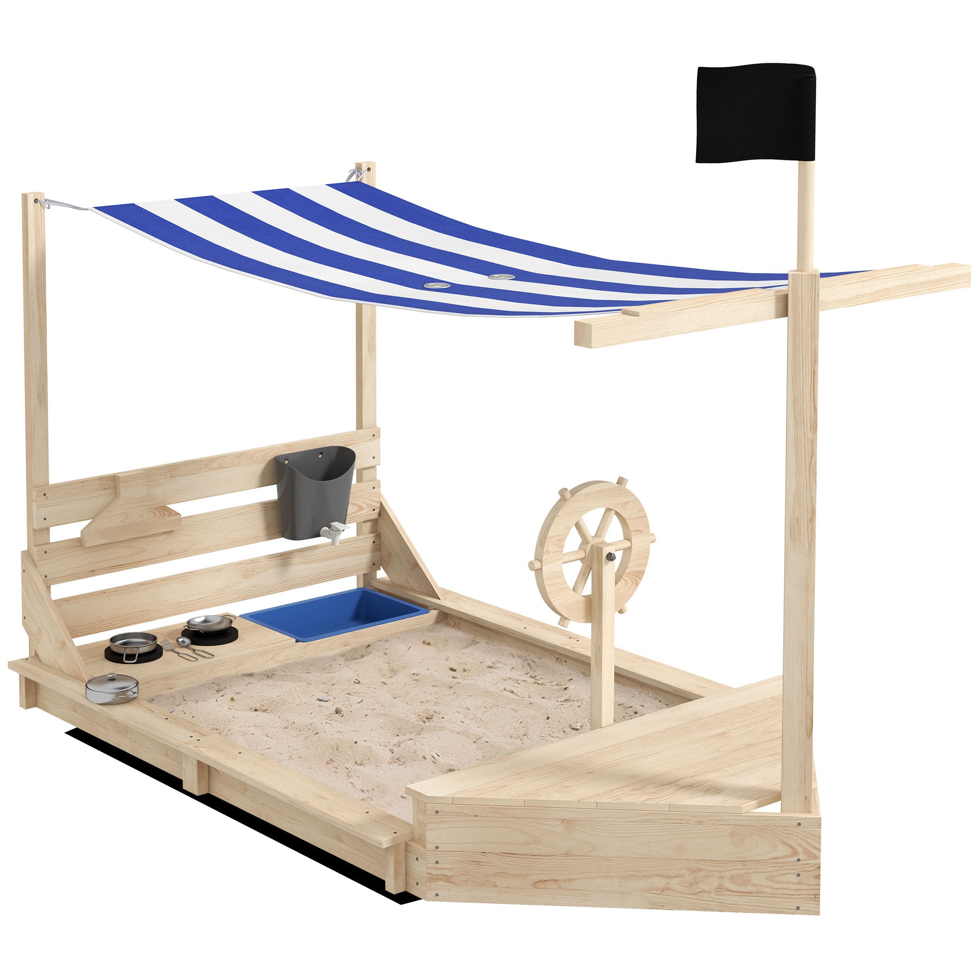 Sandbox Large Sandpit with Cover in Ship Design Mud Pit made of Wood Sailboat Playhouse with Kitchen Playset Storage for Children 3-7 years Natural 180 x 103 x 144.5 cm