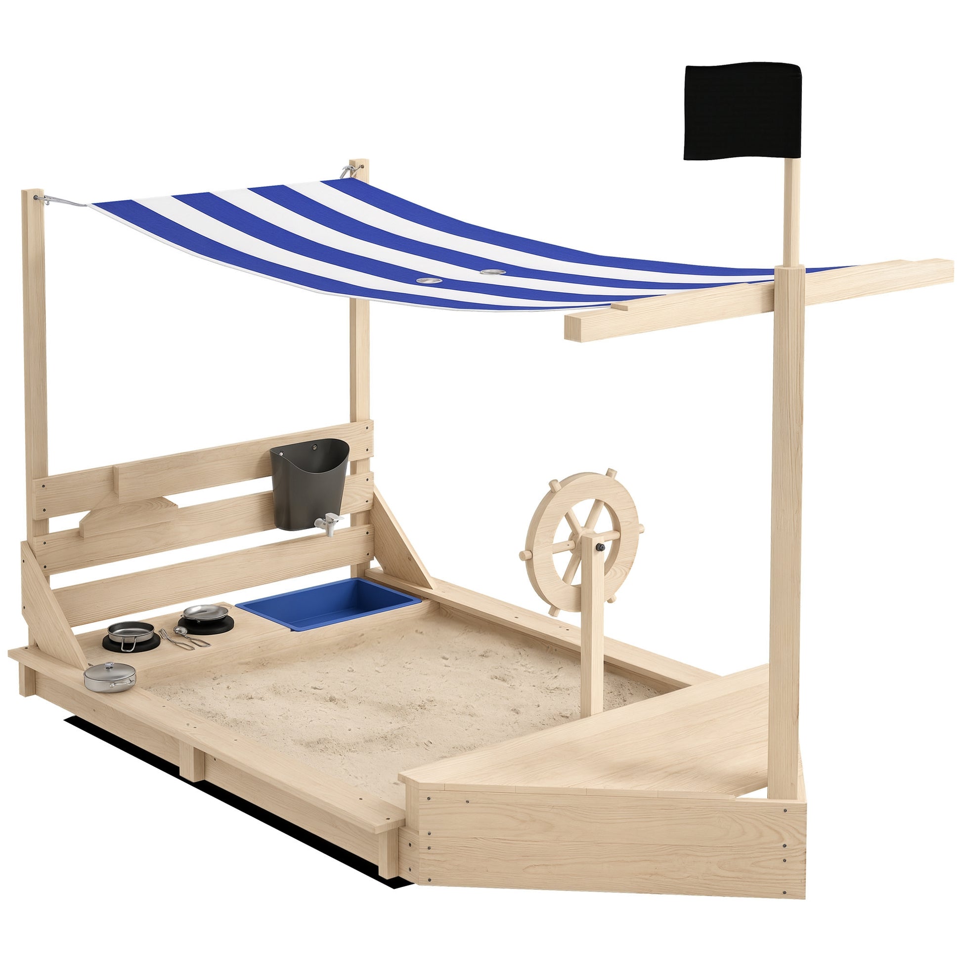 Sandbox Large Sandpit with Cover in Ship Design Mud Pit made of Wood Sailboat Playhouse with Kitchen Playset Storage for Children 3-7 years Natural 180 x 103 x 144.5 cm