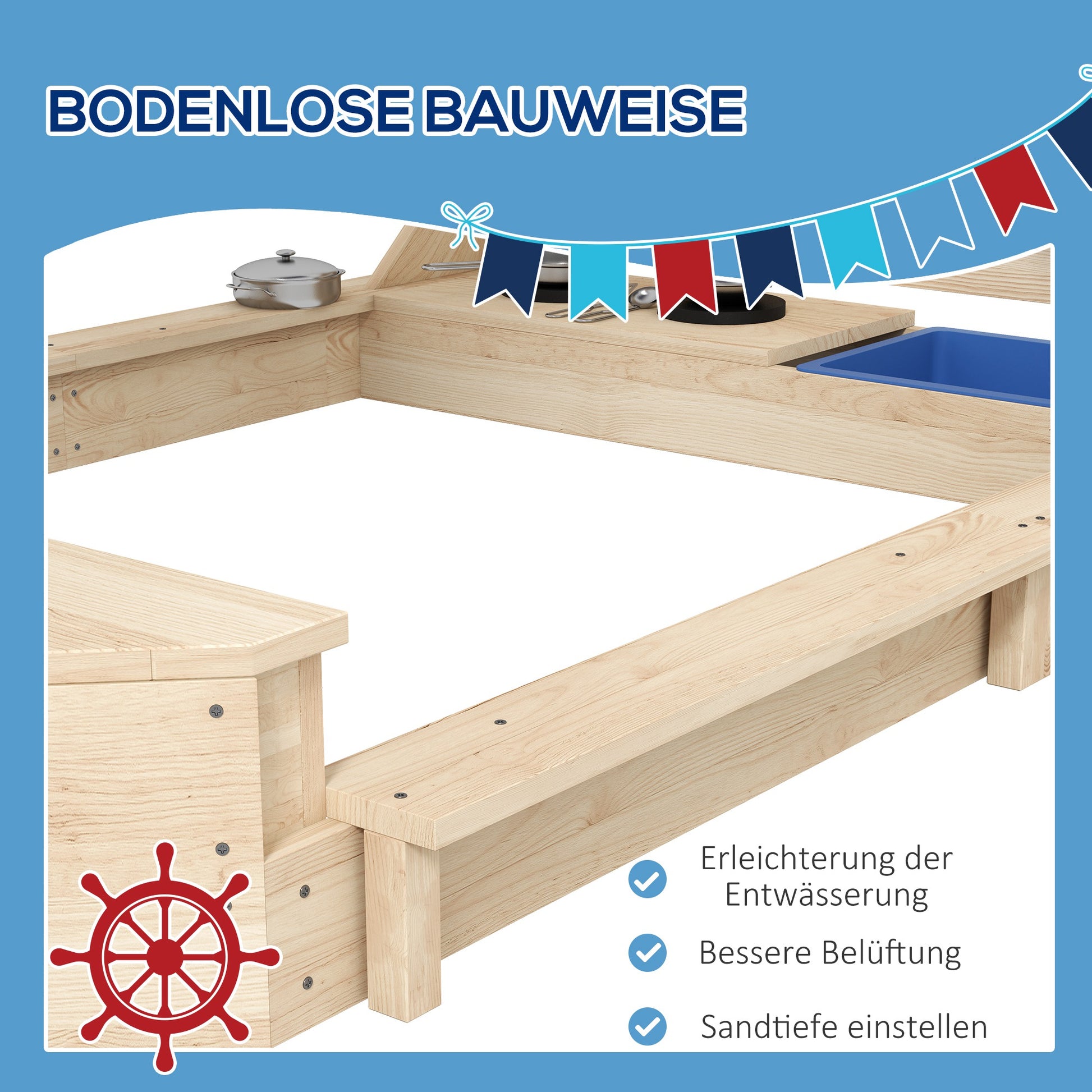 Sandbox Large Sandpit with Cover in Ship Design Mud Pit made of Wood Sailboat Playhouse with Kitchen Playset Storage for Children 3-7 years Natural 180 x 103 x 144.5 cm