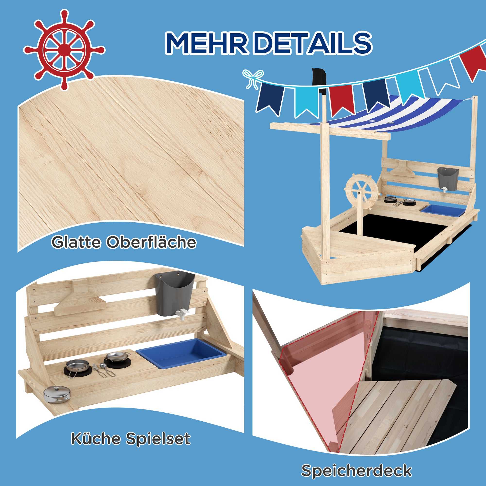Sandbox Large Sandpit with Cover in Ship Design Mud Pit made of Wood Sailboat Playhouse with Kitchen Playset Storage for Children 3-7 years Natural 180 x 103 x 144.5 cm
