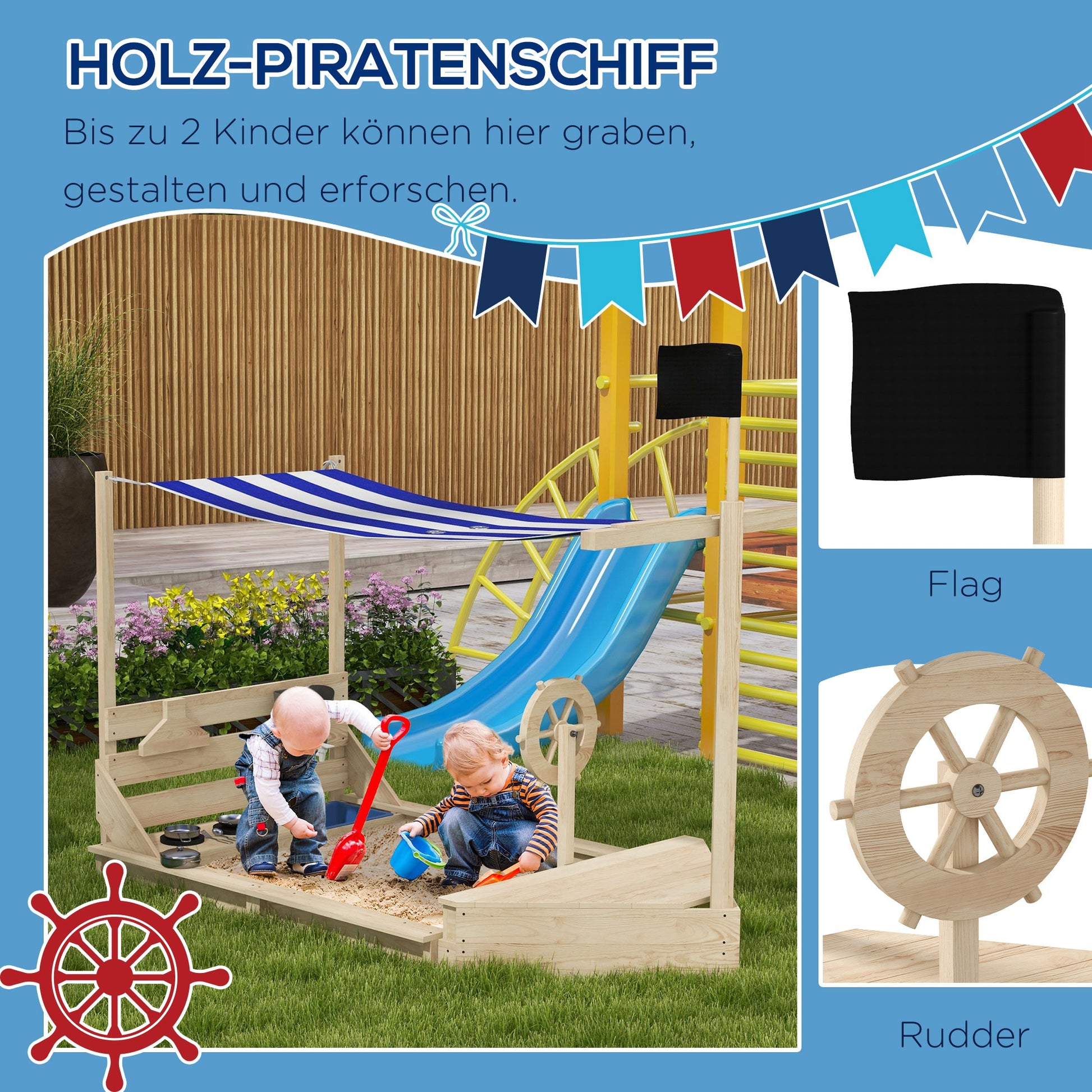 Sandbox Large Sandpit with Cover in Ship Design Mud Pit made of Wood Sailboat Playhouse with Kitchen Playset Storage for Children 3-7 years Natural 180 x 103 x 144.5 cm