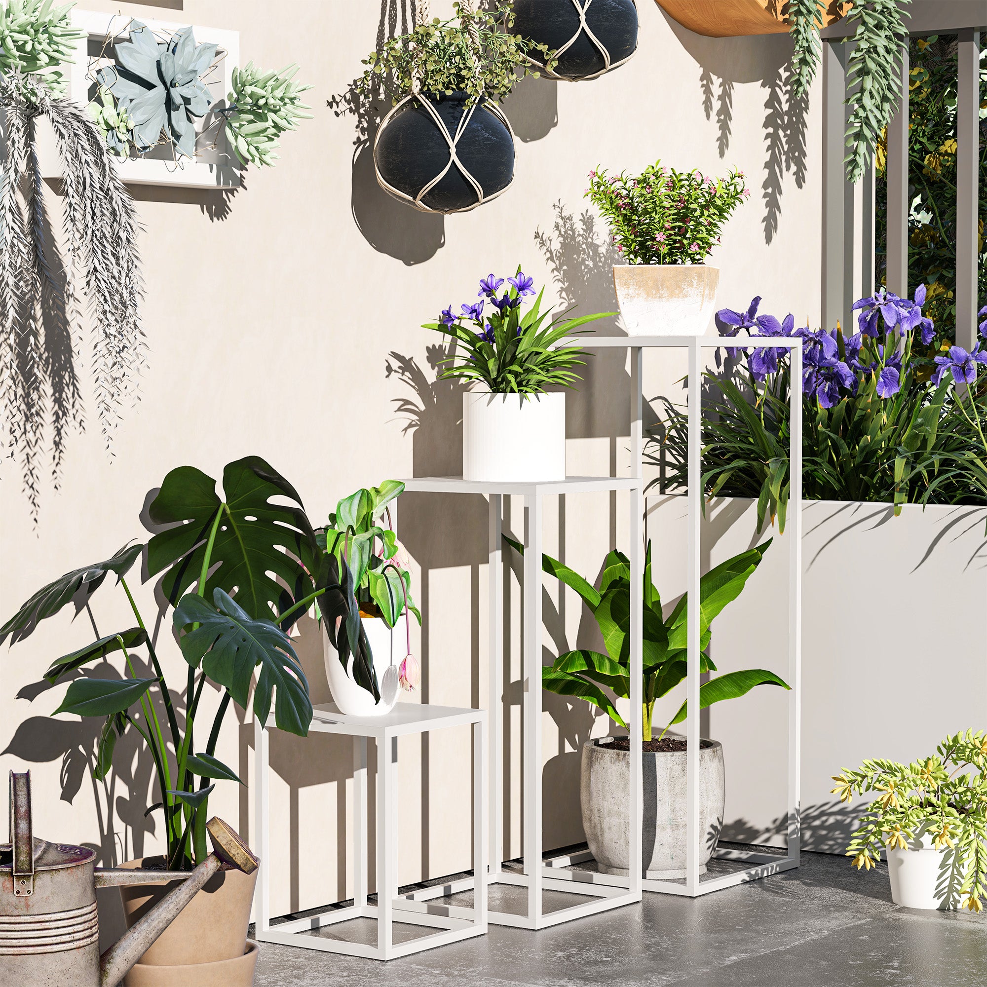 Set of 3 Stackable Metal Square Plant Stands Flower Pot Holders Indoor Outdoor, for Garden, Balcony, Home, White