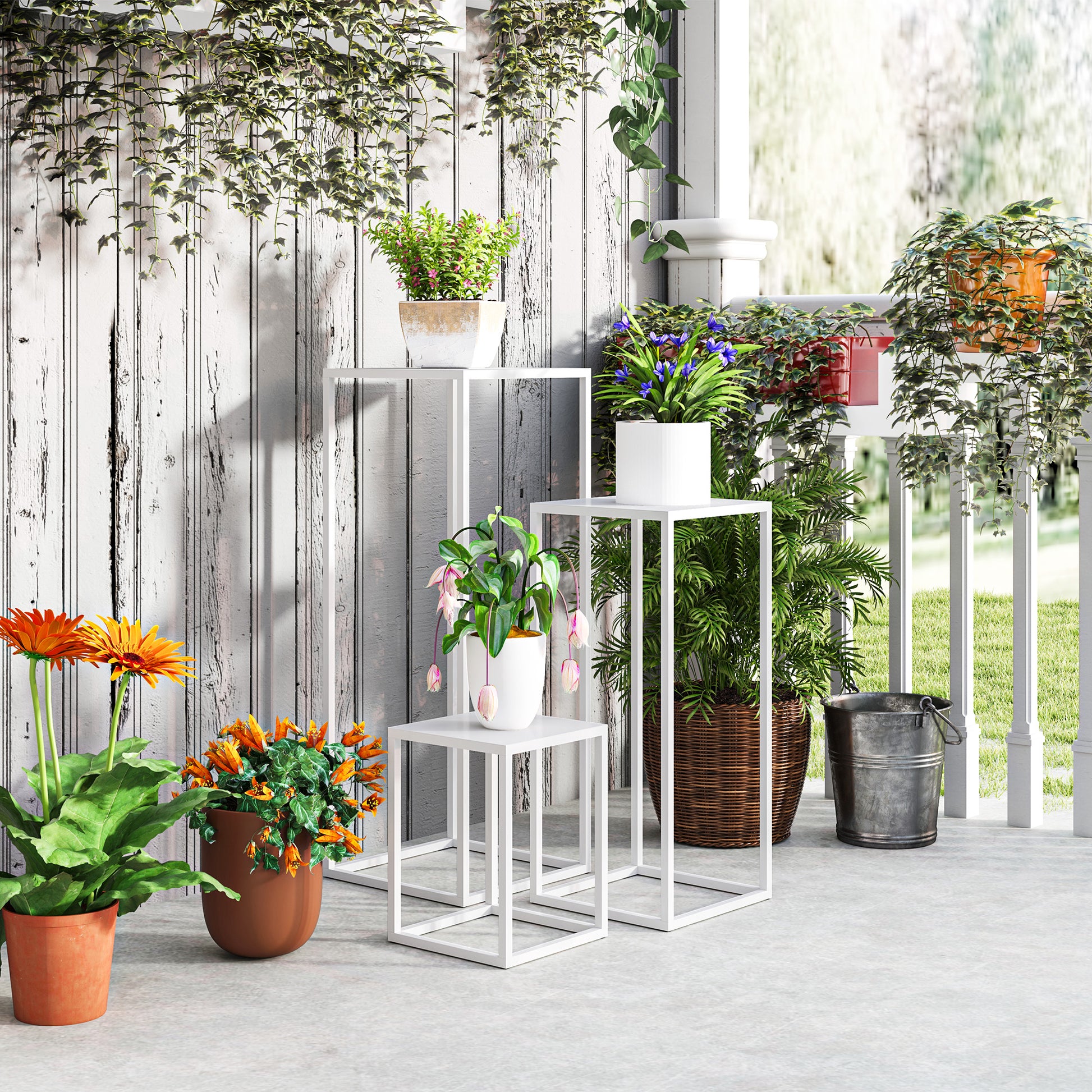 Set of 3 Stackable Metal Square Plant Stands Flower Pot Holders Indoor Outdoor, for Garden, Balcony, Home, White