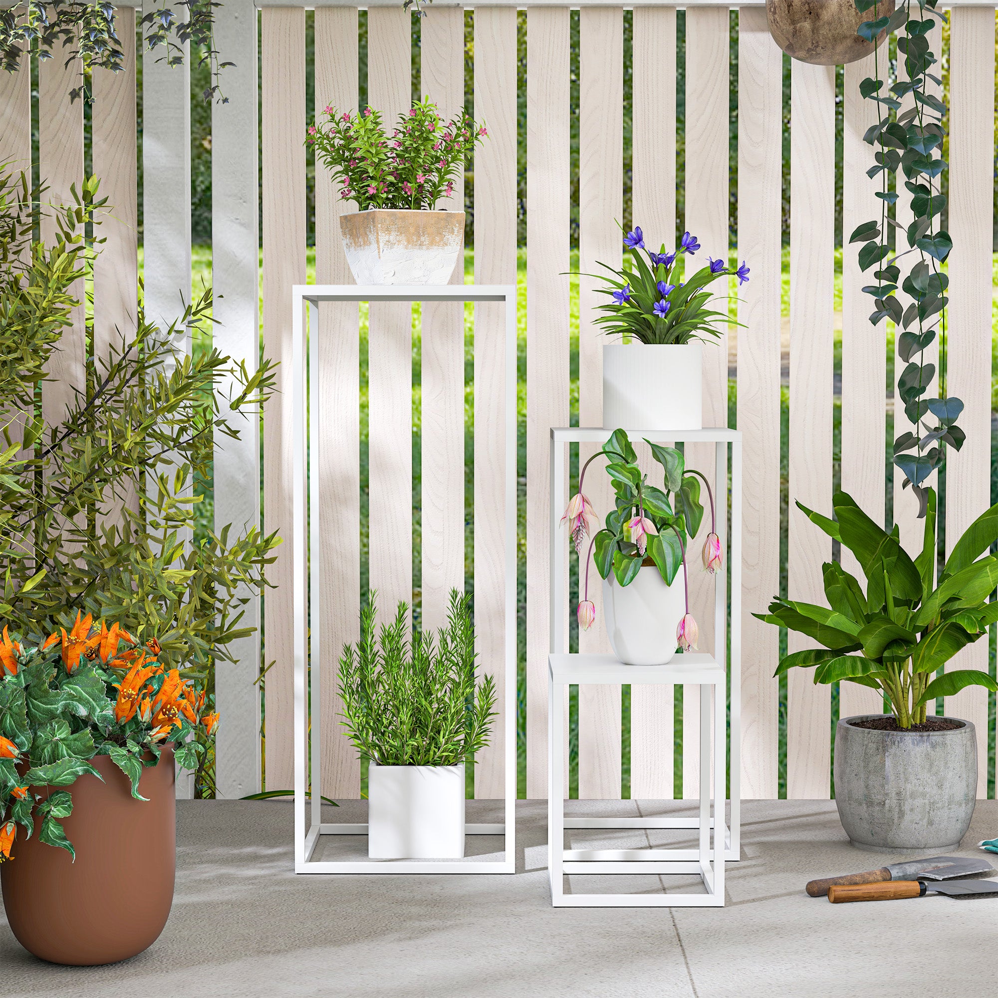 Set of 3 Stackable Metal Square Plant Stands Flower Pot Holders Indoor Outdoor, for Garden, Balcony, Home, White