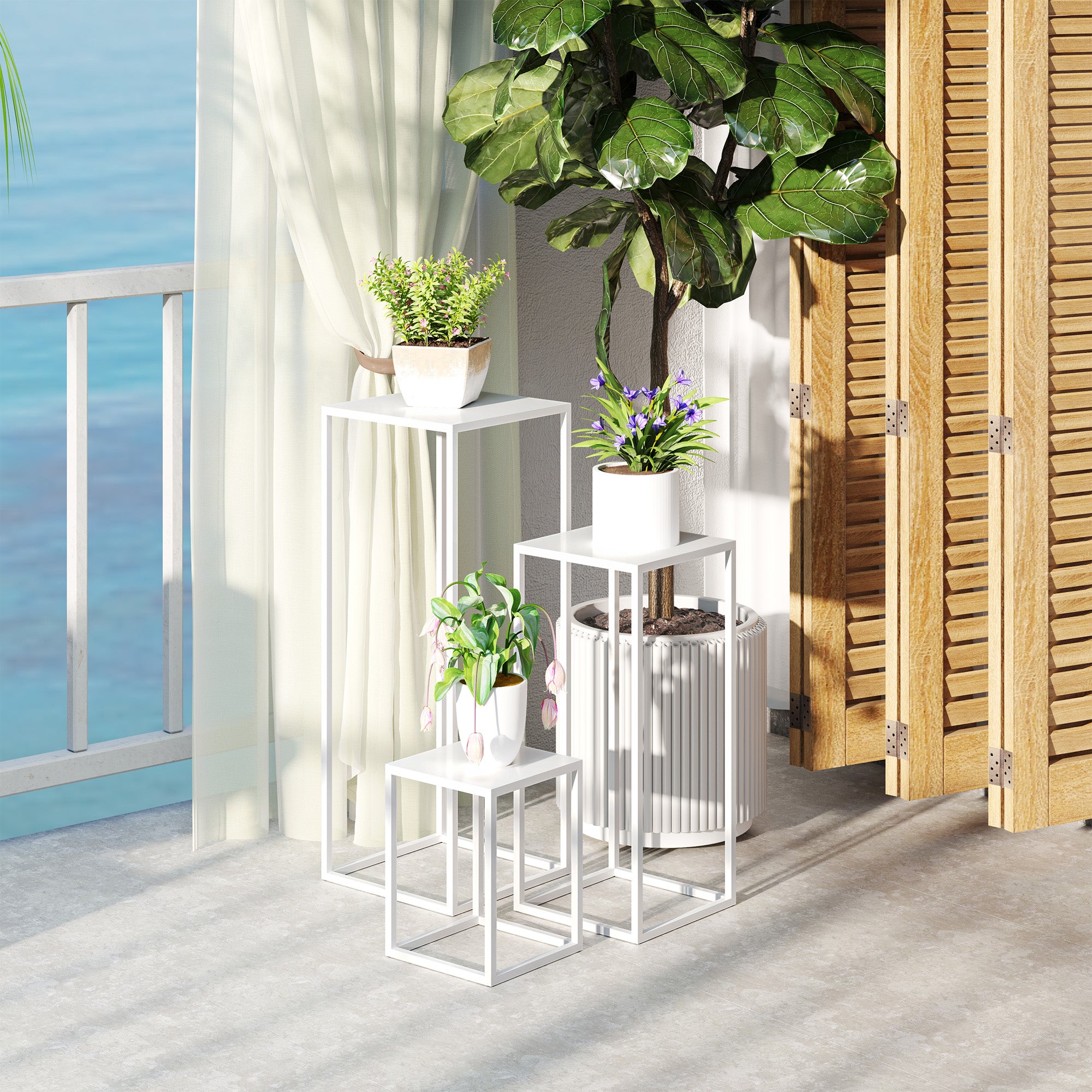 Set of 3 Stackable Metal Square Plant Stands Flower Pot Holders Indoor Outdoor, for Garden, Balcony, Home, White