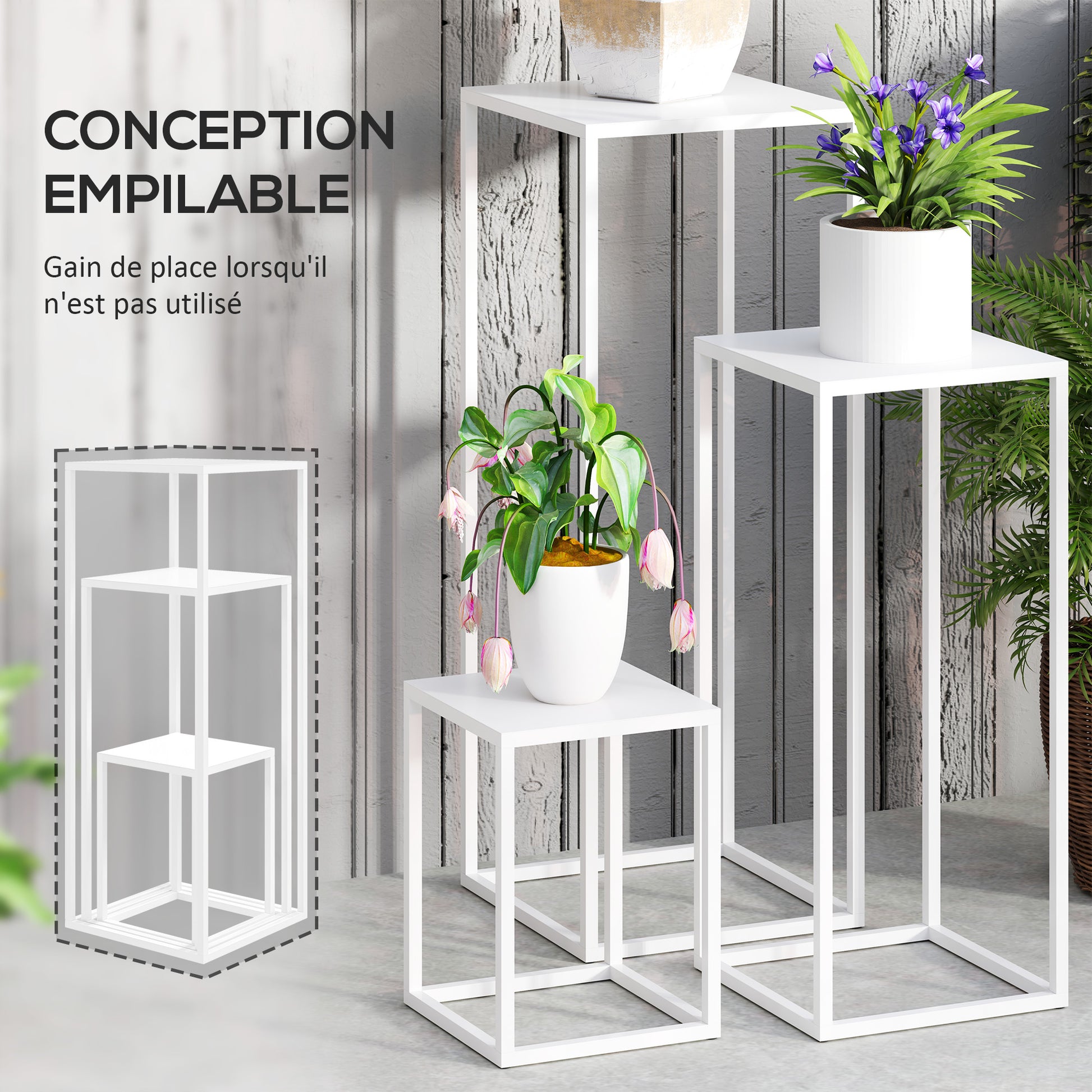 Set of 3 Stackable Metal Square Plant Stands Flower Pot Holders Indoor Outdoor, for Garden, Balcony, Home, White