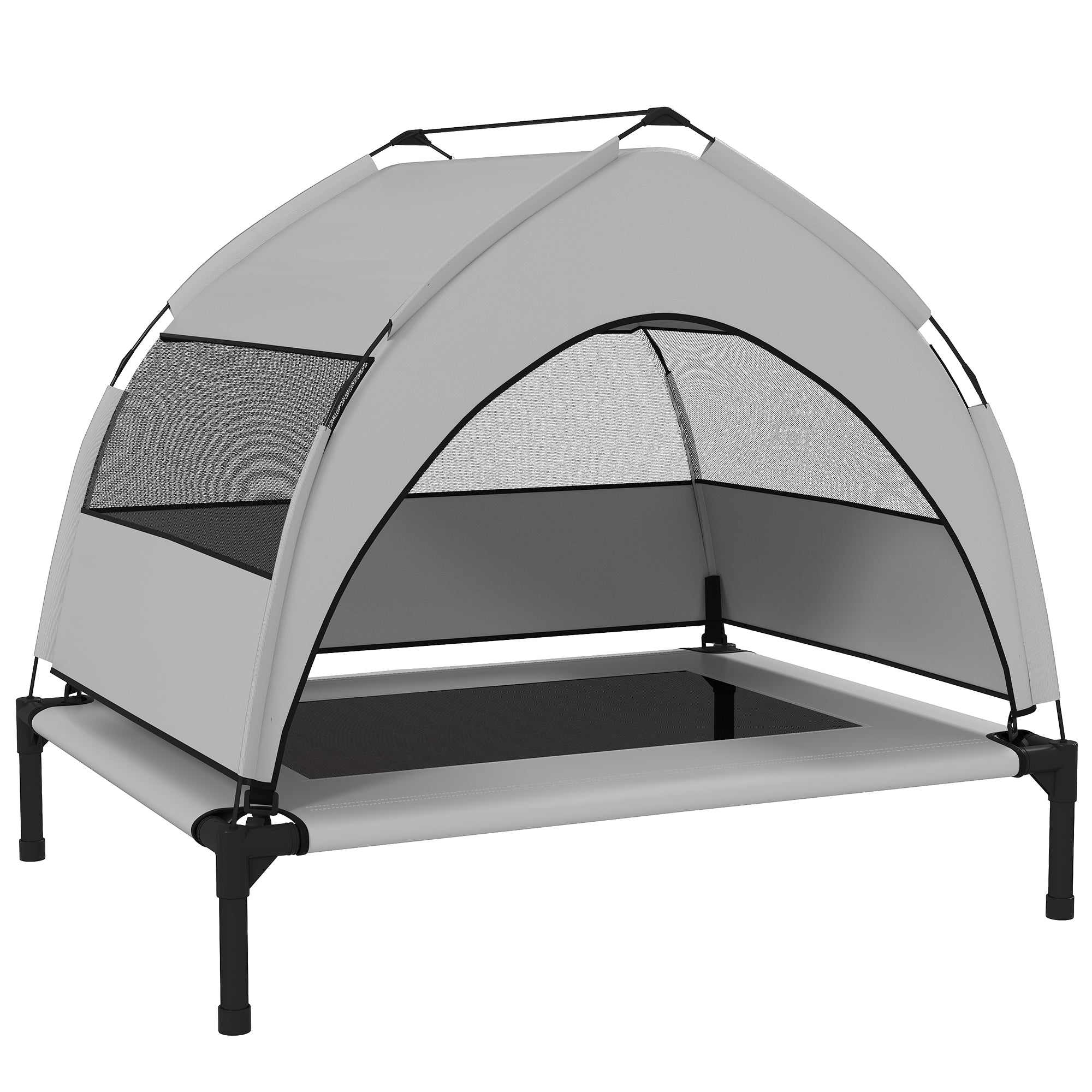 Elevated Outdoor Dog Bed with Canopy — Cooling Pet Lounger for Small to Medium Dogs, Steel Frame, Storage Bag, 30 x 24 x 24 in (Light Gray)