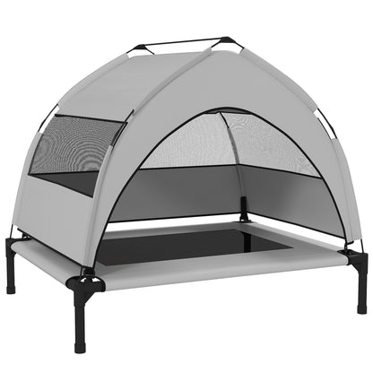 Elevated Outdoor Dog Bed with Canopy — Cooling Pet Lounger for Small to Medium Dogs, Steel Frame, Storage Bag, 30 x 24 x 24 in (Light Gray)