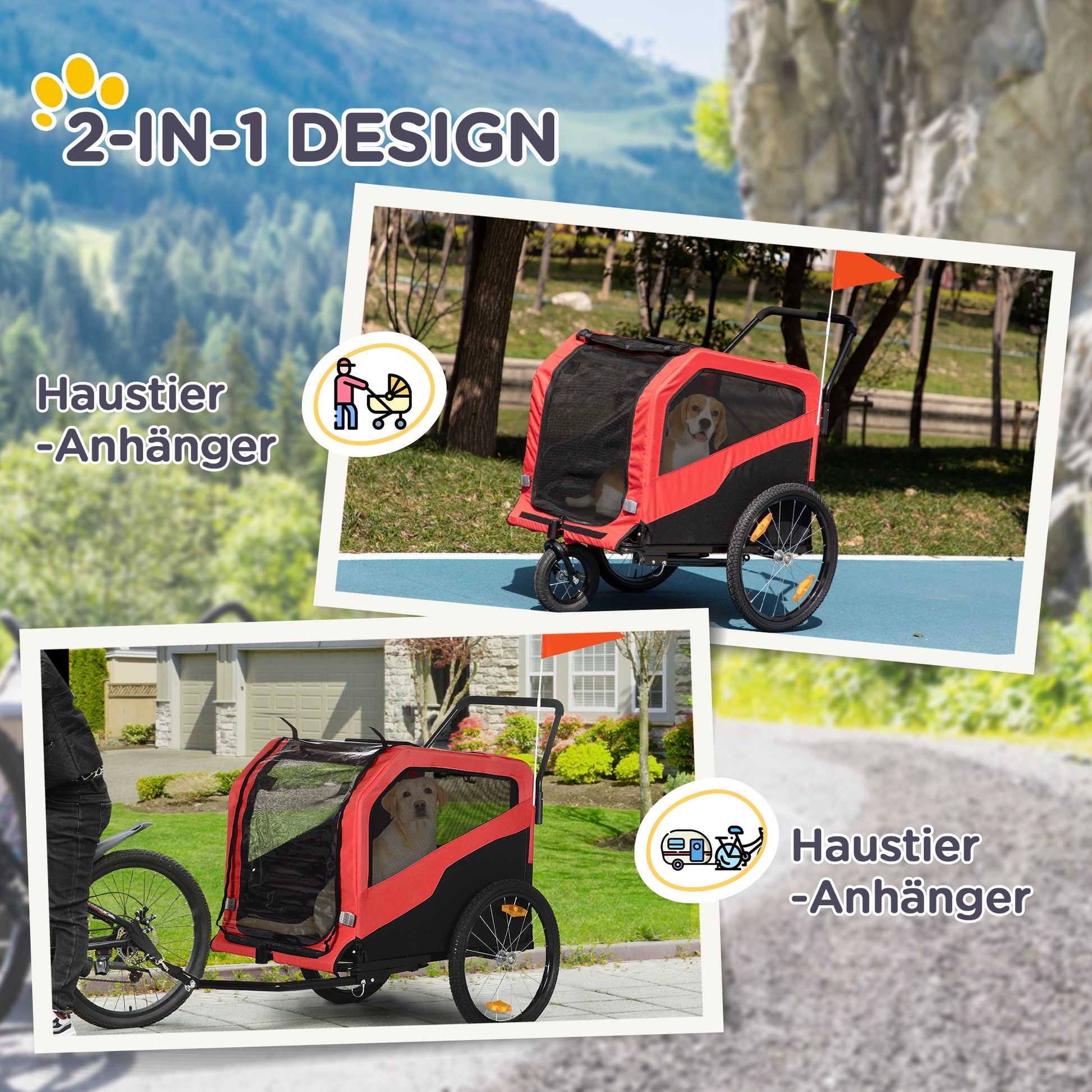 2-in-1 Dog Trailer, Bike Trailer for Dogs, Dog Wagon with Reflectors, Dog Buggy max. 30 kg, Dog Bike Trailer for Large Dogs, Oxford Fabric, Red
