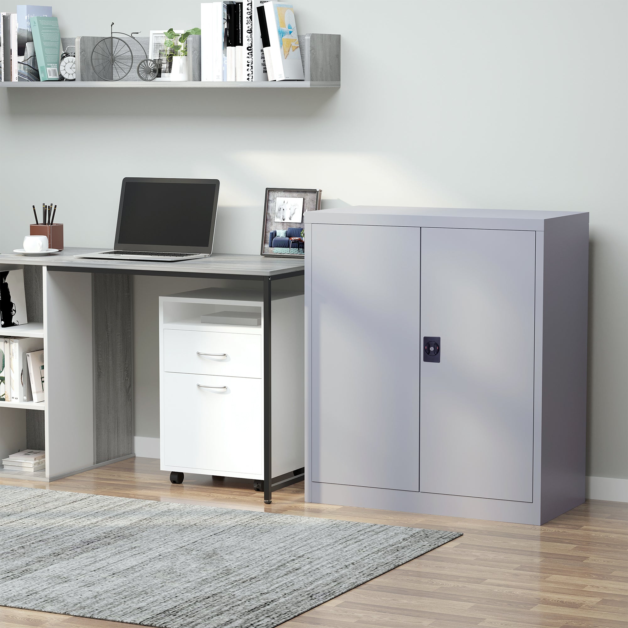 Cabinet Mobile Adjustable Shelf Secure Lock for Home Office Garage Steel 80x40x92.5cm Gray
