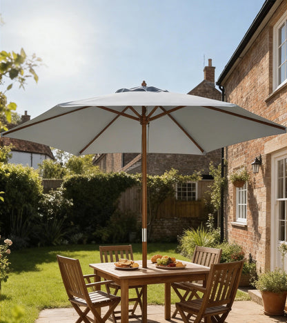 Outsunny Parasol Ø 250 cm, Parasol med Talje Mekanisme Balkon Parasol Strand Parasol lavet af Bambus Vindbestandig Markedsparasol Solbeskyttelse til Balkon Terrasse Have, Grå