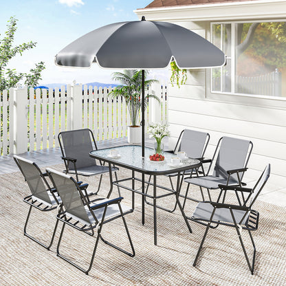 8-Piece Outdoor Patio Set — Table with Tempered Glass Top, 6 Folding Chairs & Parasol, Rust-Resistant Steel Frame, Grey
