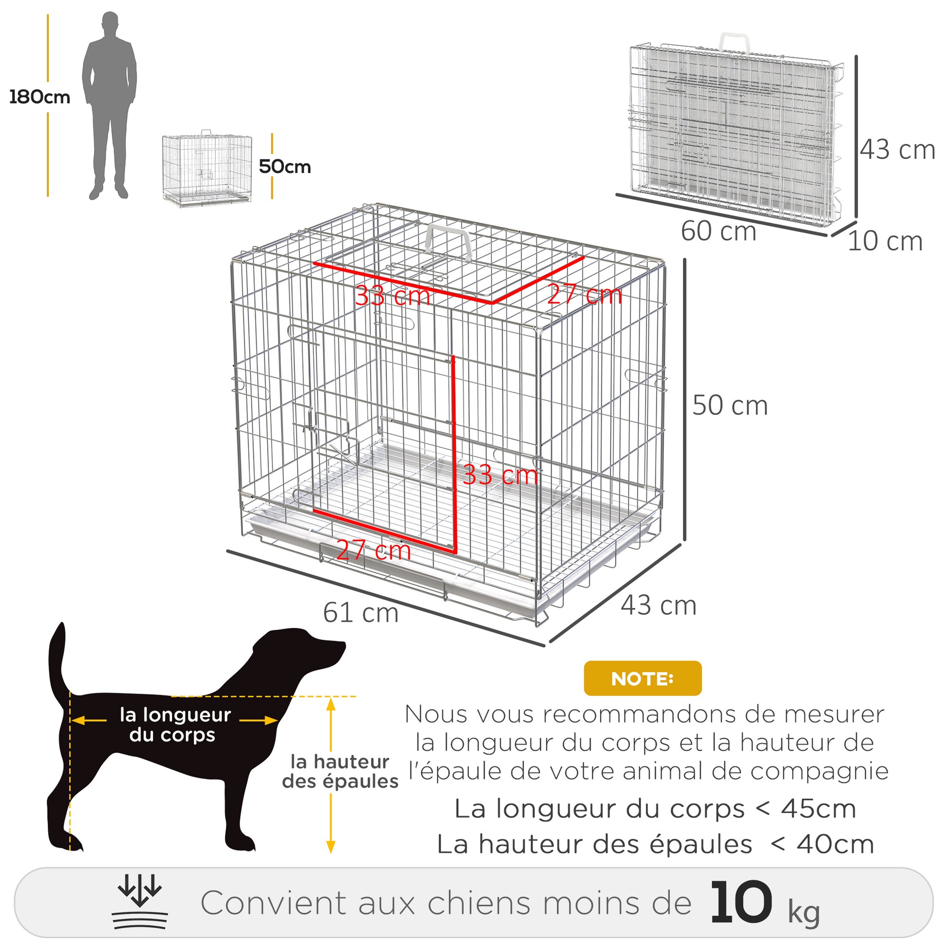 Foldable Metal Wire Dog Crate with Removable Tray, 1 Door with Lock - 61 x 43 x 50 cm White