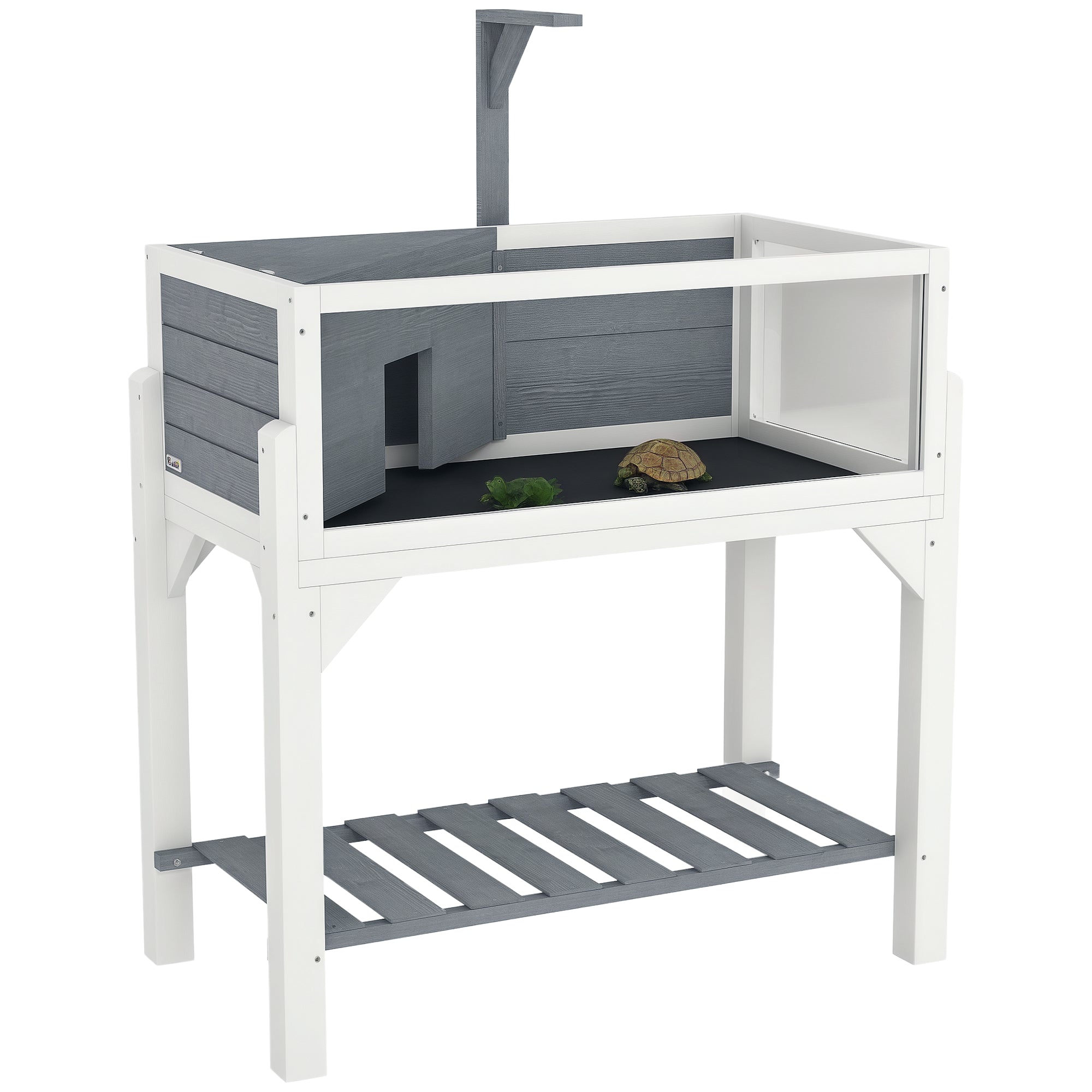 2-Zone Raised Tortoise Enclosure with Opening Top, Lamp Mount & Panoramic View – 84.5 x 47.5 x 90 cm (Gray)