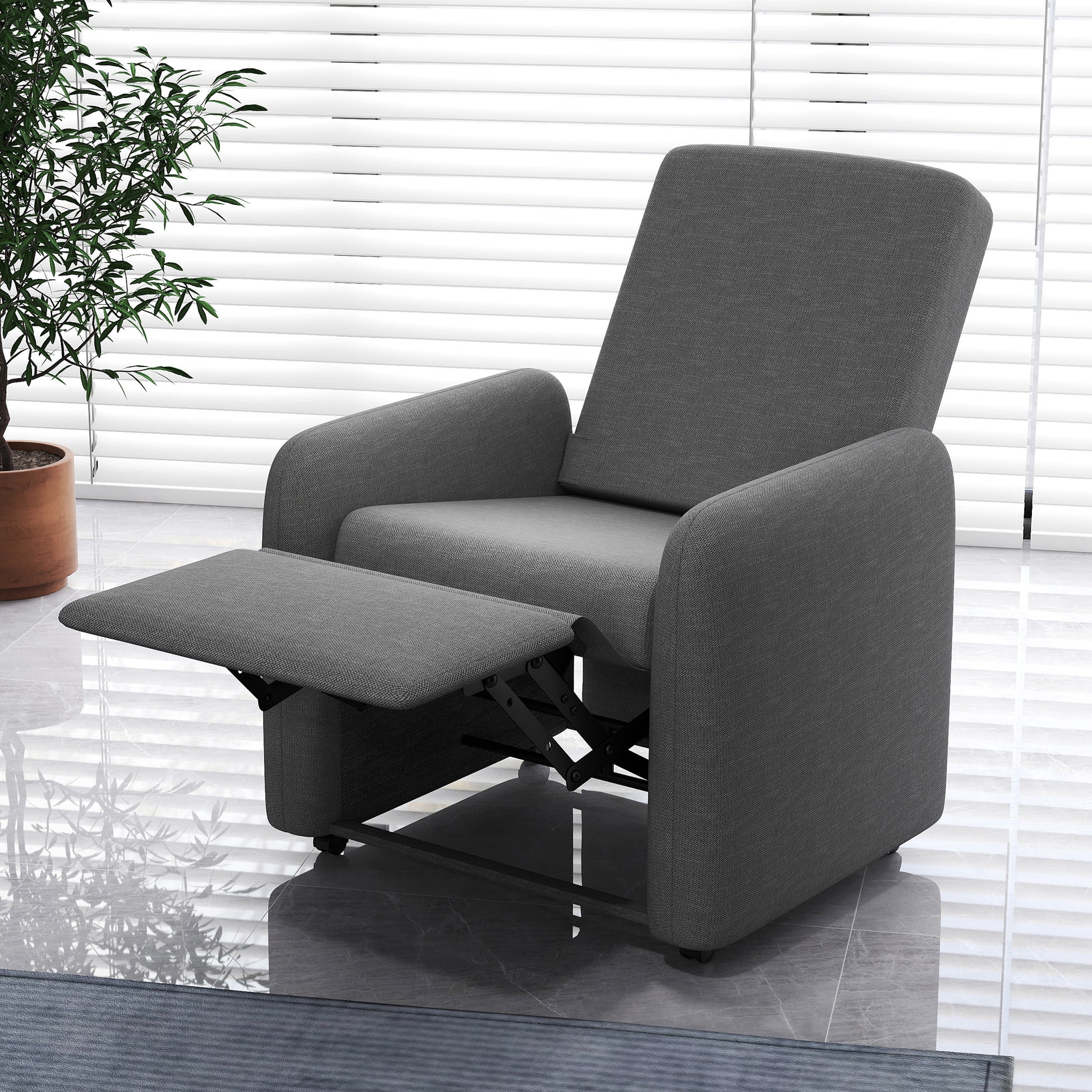 Manual Reclining Relax Chair with Footrest and 4 Wheels, Upholstered Reclining Chair in Linen Effect Fabric and Steel for Bedroom, Living Room, Gray