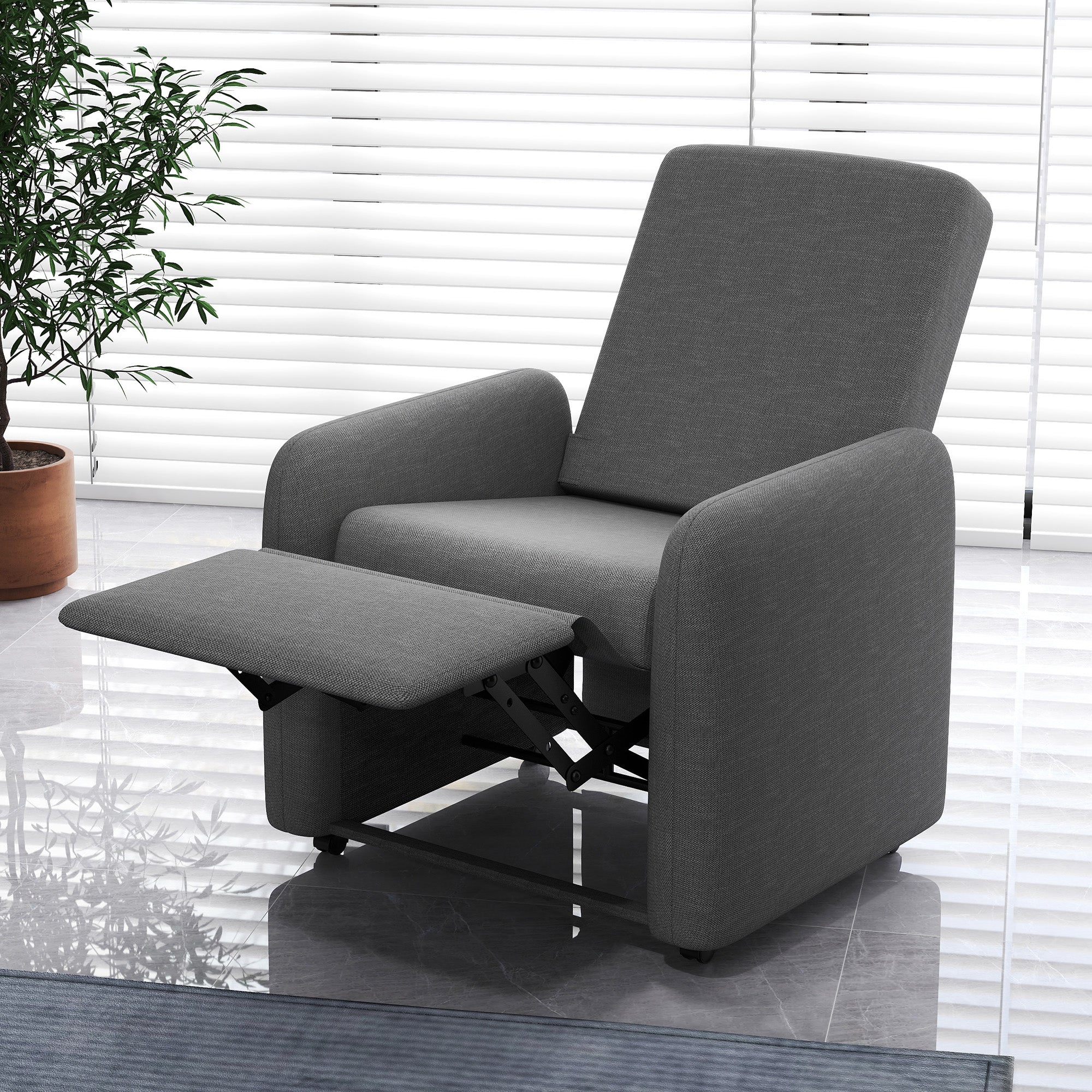Manual Reclining Relax Chair with Footrest and 4 Wheels, Upholstered Reclining Chair in Linen Effect Fabric and Steel for Bedroom, Living Room, Gray