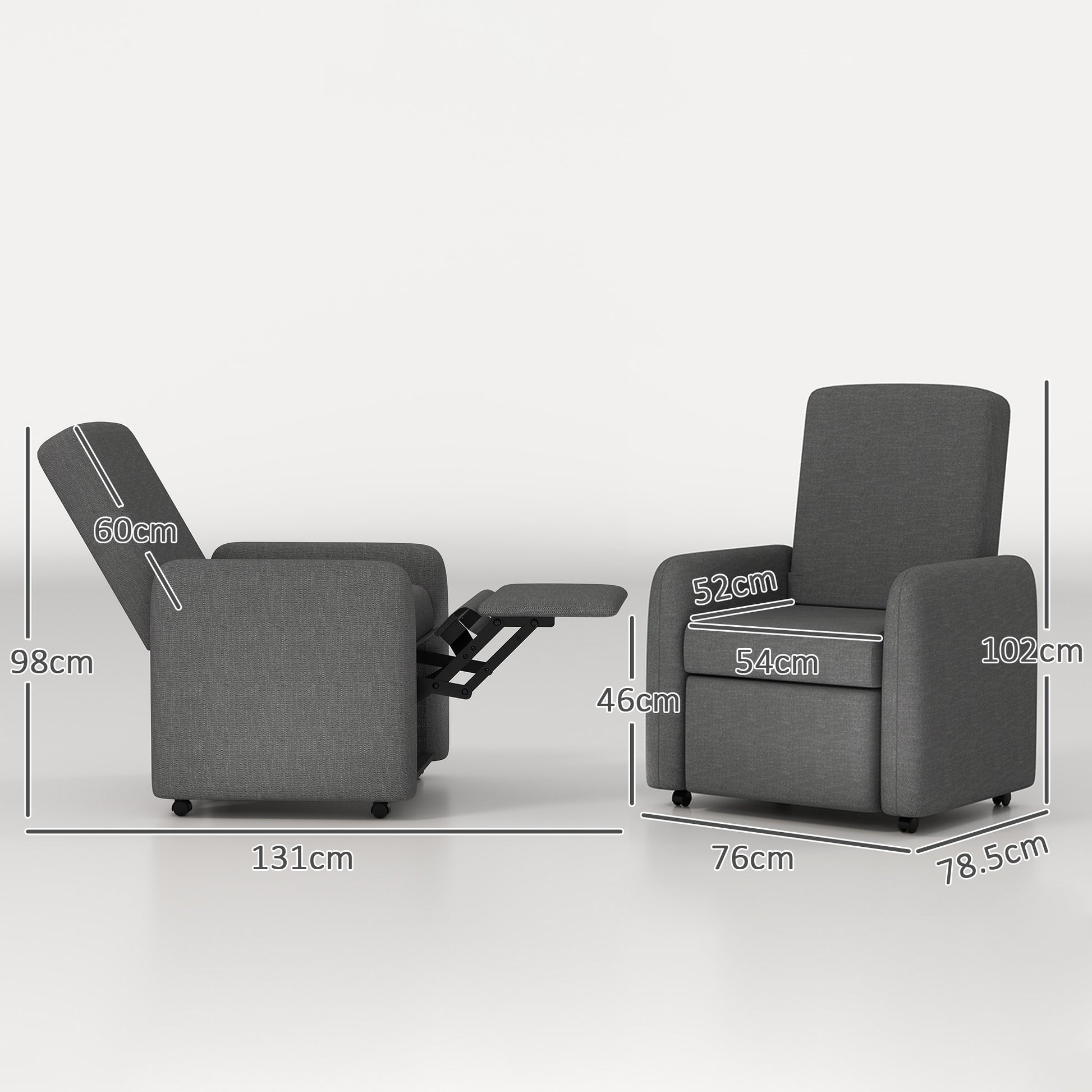 Manual Reclining Relax Chair with Footrest and 4 Wheels, Upholstered Reclining Chair in Linen Effect Fabric and Steel for Bedroom, Living Room, Gray