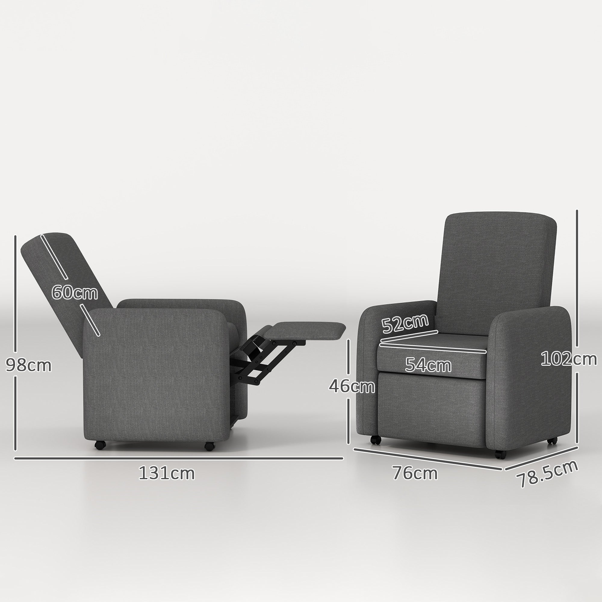 Manual Reclining Relax Chair with Footrest and 4 Wheels, Upholstered Reclining Chair in Linen Effect Fabric and Steel for Bedroom, Living Room, Gray