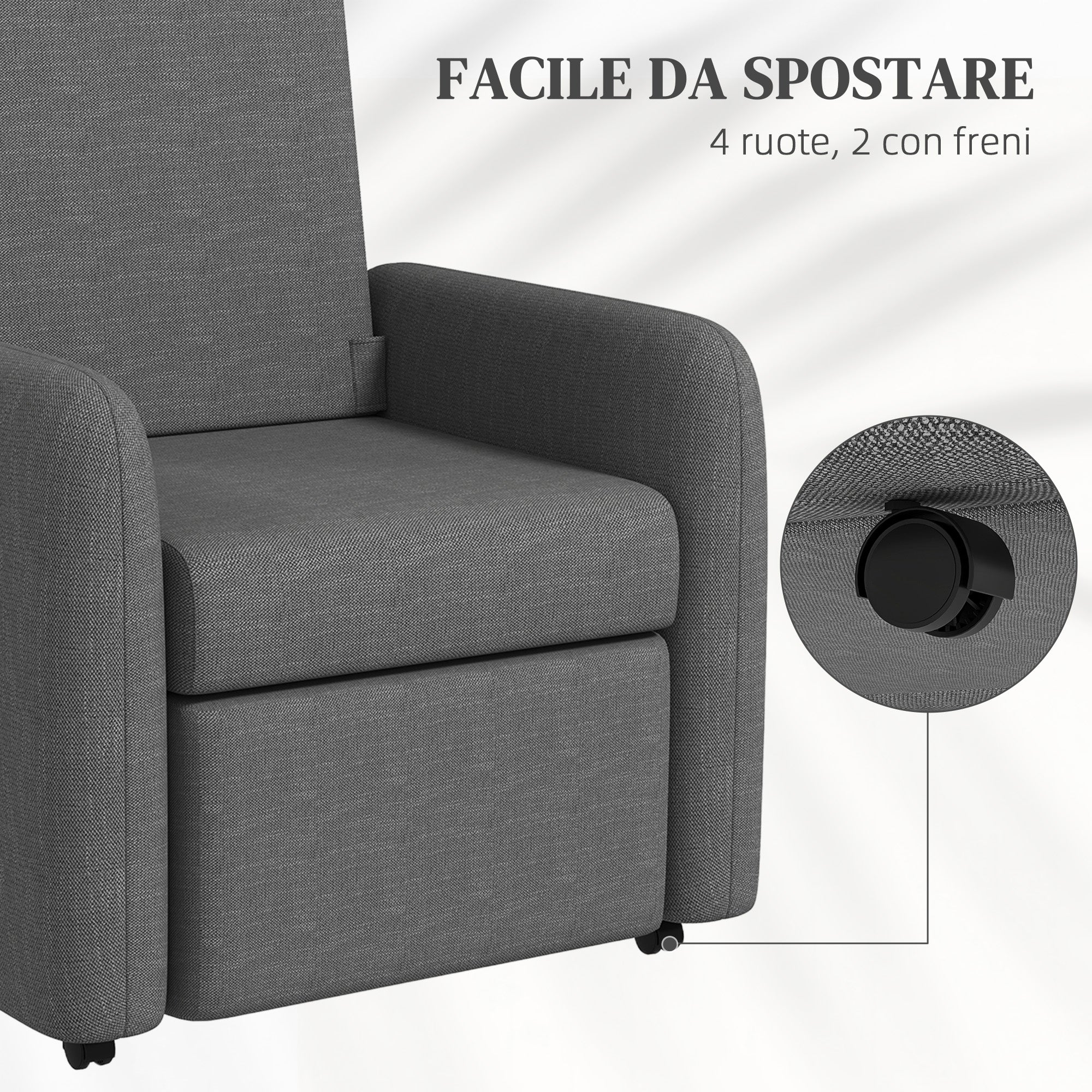 Manual Reclining Relax Chair with Footrest and 4 Wheels, Upholstered Reclining Chair in Linen Effect Fabric and Steel for Bedroom, Living Room, Gray