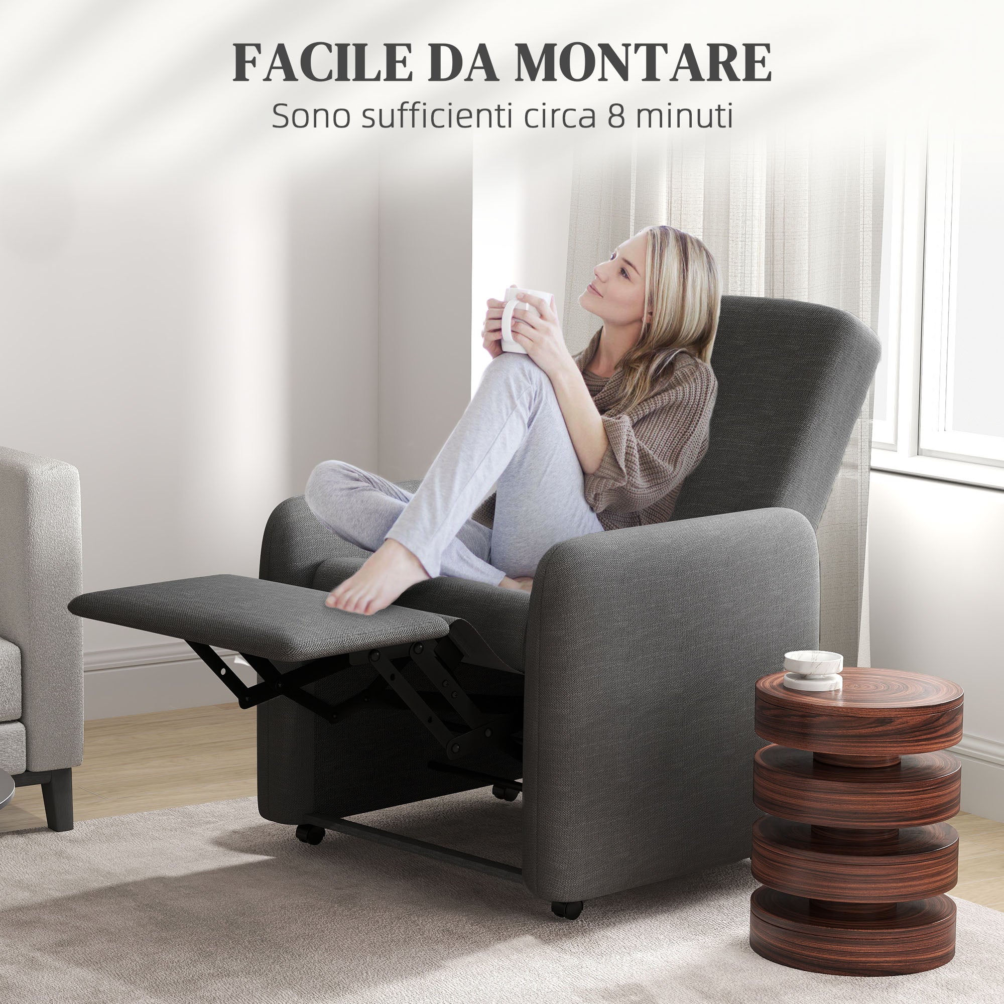 Manual Reclining Relax Chair with Footrest and 4 Wheels, Upholstered Reclining Chair in Linen Effect Fabric and Steel for Bedroom, Living Room, Gray
