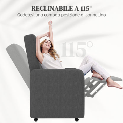 Manual Reclining Relax Chair with Footrest and 4 Wheels, Upholstered Reclining Chair in Linen Effect Fabric and Steel for Bedroom, Living Room, Gray