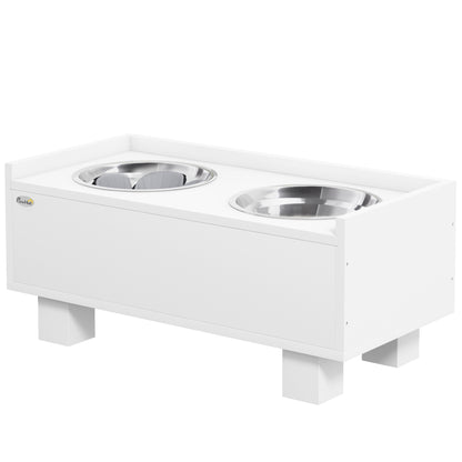 Raised Dog Bowl, Height Adjustable Feeding Bowl for Dogs with Storage, 2 x 1L Stainless Steel Bowls, Anti-Gulping Mat, for Medium-Sized Dogs, White