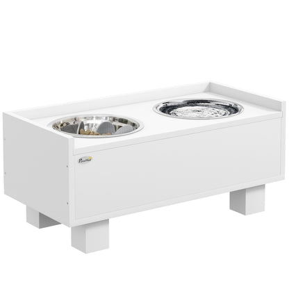 Raised Dog Bowl, Height Adjustable Feeding Bowl for Dogs with Storage, 2 x 1L Stainless Steel Bowls, Anti-Gulping Mat, for Medium-Sized Dogs, White