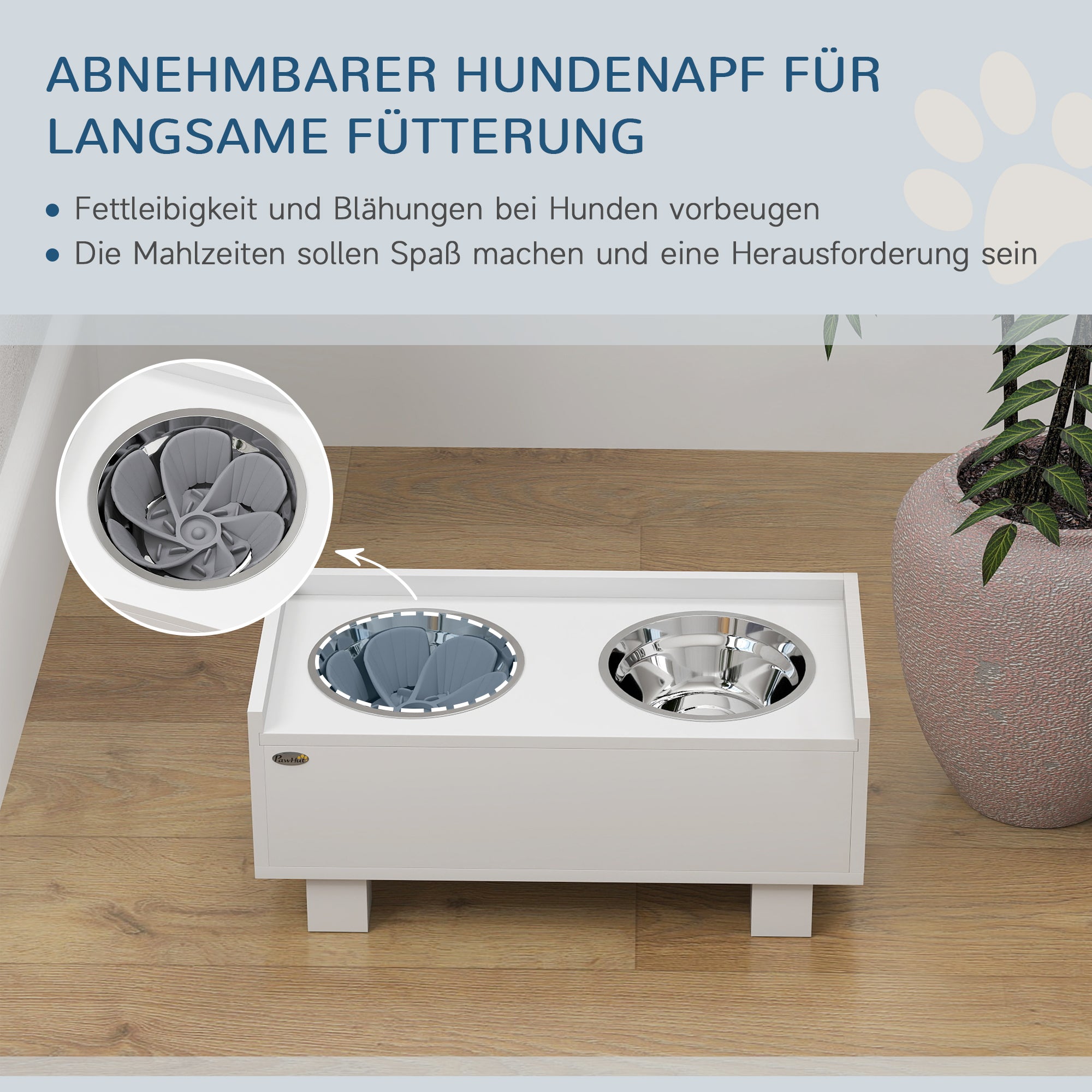 Raised Dog Bowl, Height Adjustable Feeding Bowl for Dogs with Storage, 2 x 1L Stainless Steel Bowls, Anti-Gulping Mat, for Medium-Sized Dogs, White