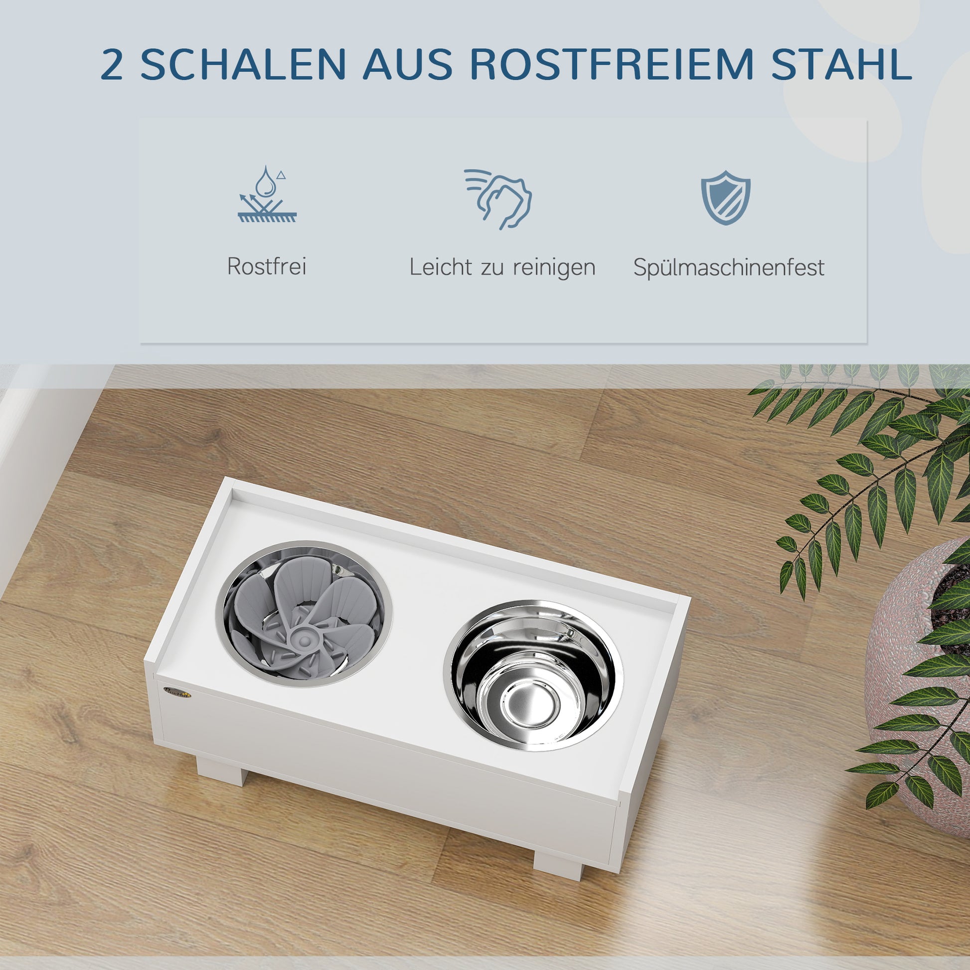 Raised Dog Bowl, Height Adjustable Feeding Bowl for Dogs with Storage, 2 x 1L Stainless Steel Bowls, Anti-Gulping Mat, for Medium-Sized Dogs, White