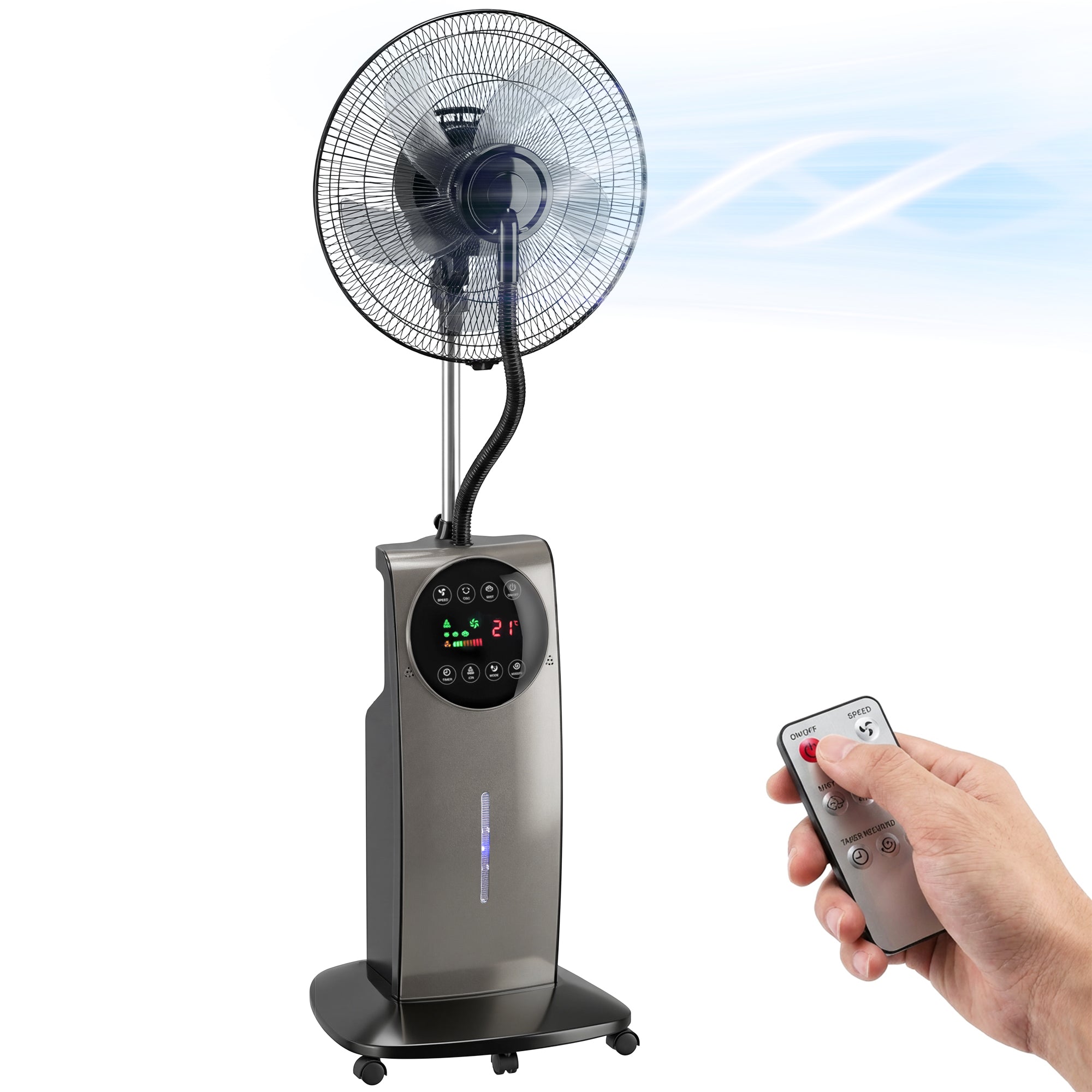 3‑in‑1 Misting Pedestal Fan, 90W, 54.3" Height, 70° Oscillation, 3 Speeds, 3 Modes, Negative Ion, Anti‑Mosquito, 3.1L Tank, Remote & 12H Timer