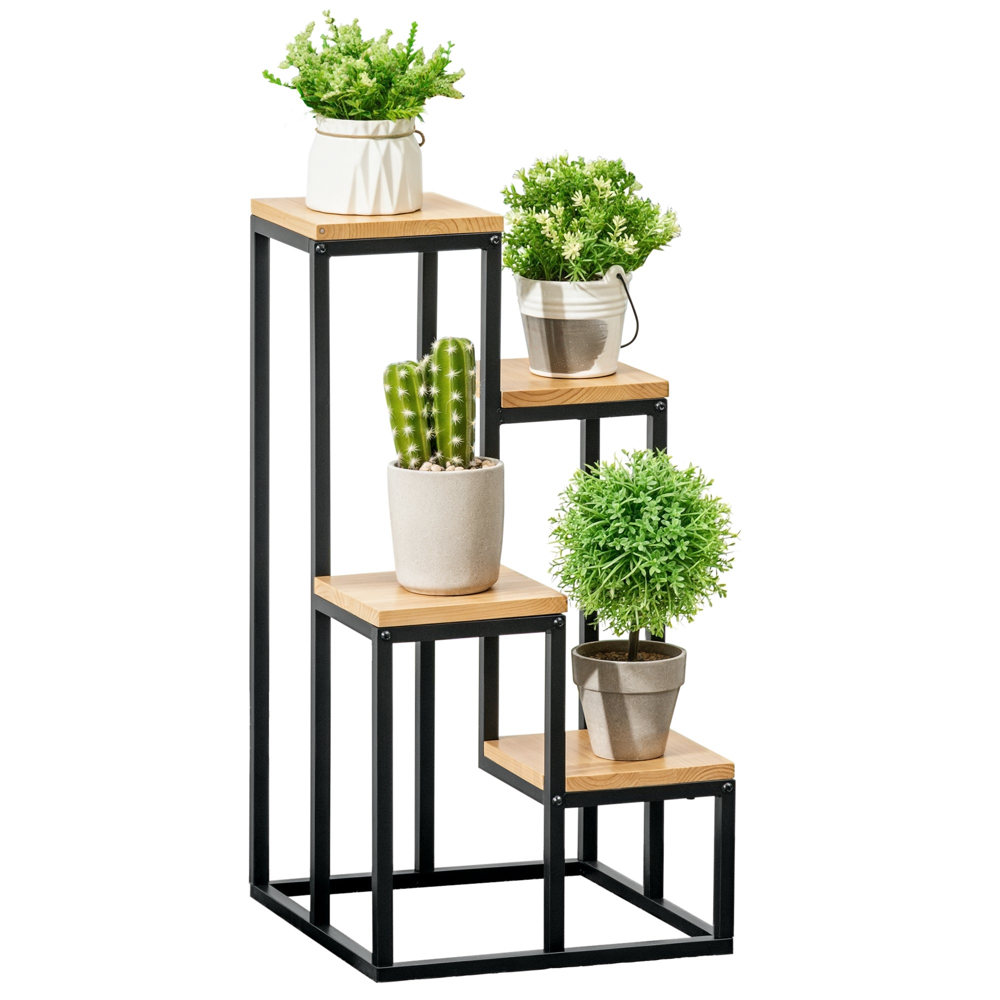 Plant Stand, Flower Steps with 4 Tiers, Multi-level Plant Rack, Plant Stand for Garden, Balcony, Wood, Natural, 34 x 34 x 66 cm