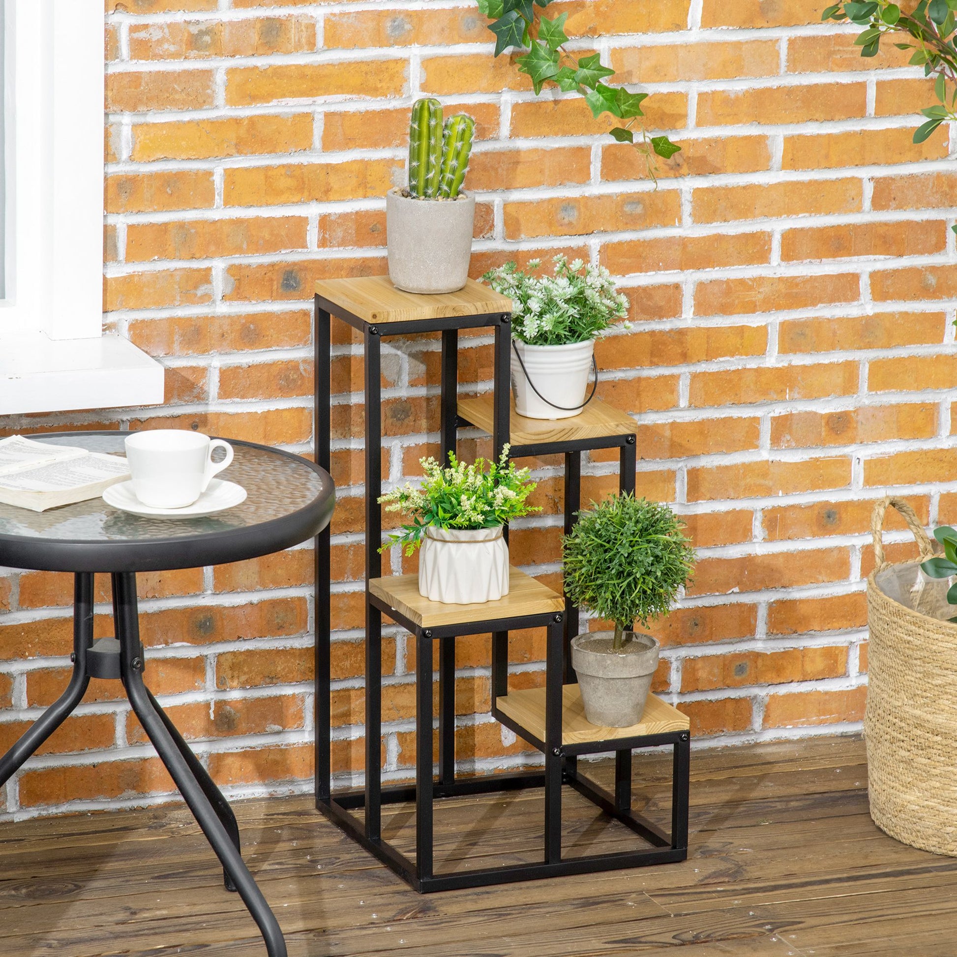 Plant Stand, Flower Steps with 4 Tiers, Multi-level Plant Rack, Plant Stand for Garden, Balcony, Wood, Natural, 34 x 34 x 66 cm