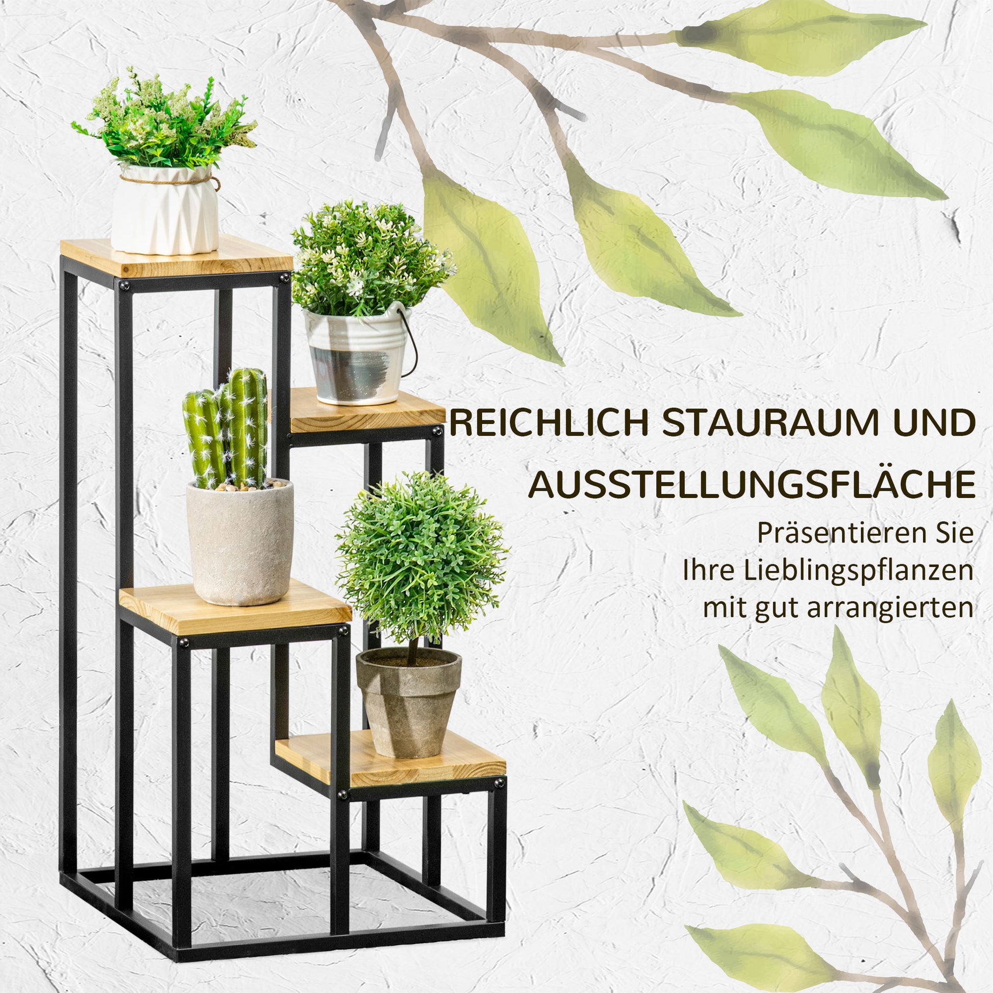 Plant Stand, Flower Steps with 4 Tiers, Multi-level Plant Rack, Plant Stand for Garden, Balcony, Wood, Natural, 34 x 34 x 66 cm