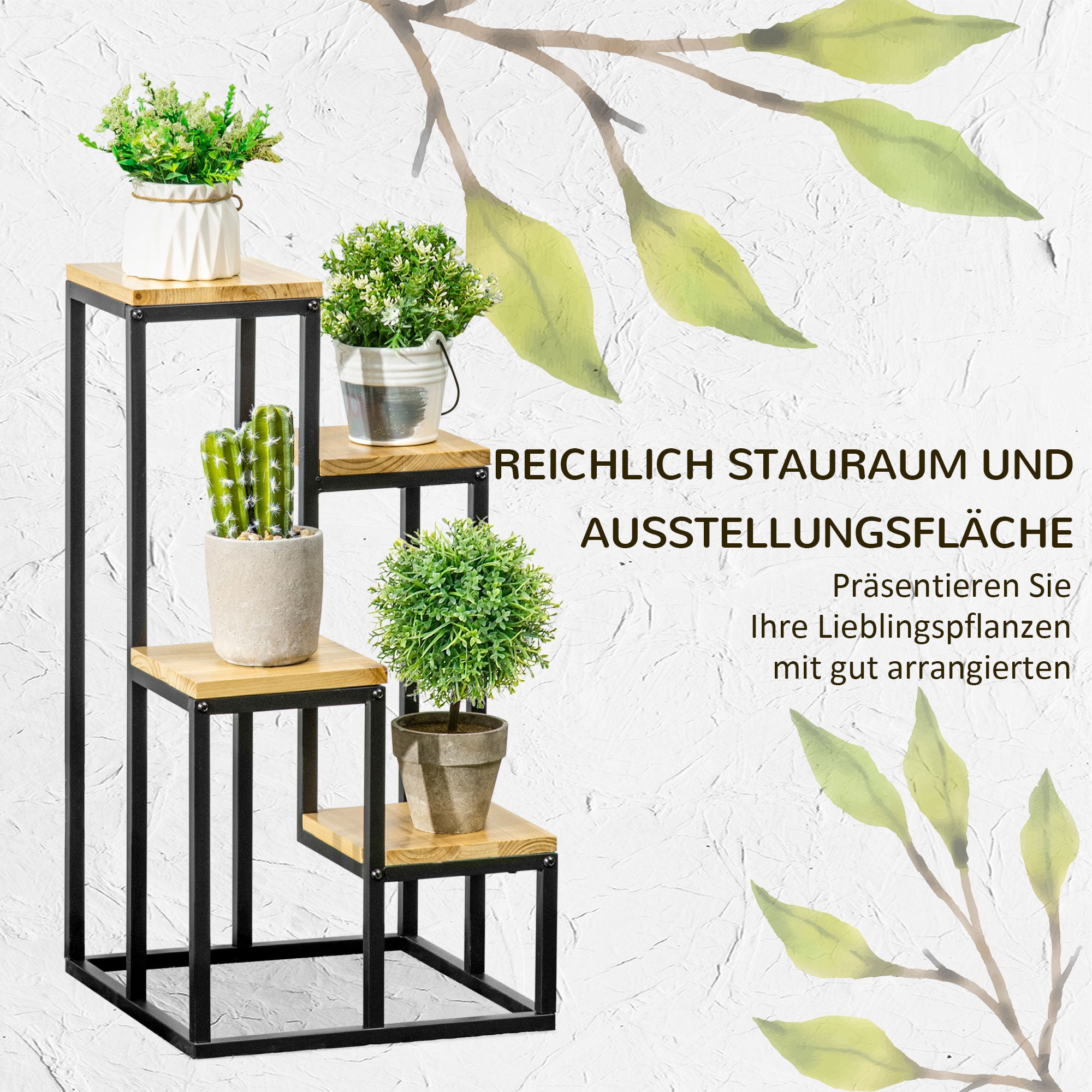 Plant Stand, Flower Steps with 4 Tiers, Multi-level Plant Rack, Plant Stand for Garden, Balcony, Wood, Natural, 34 x 34 x 66 cm