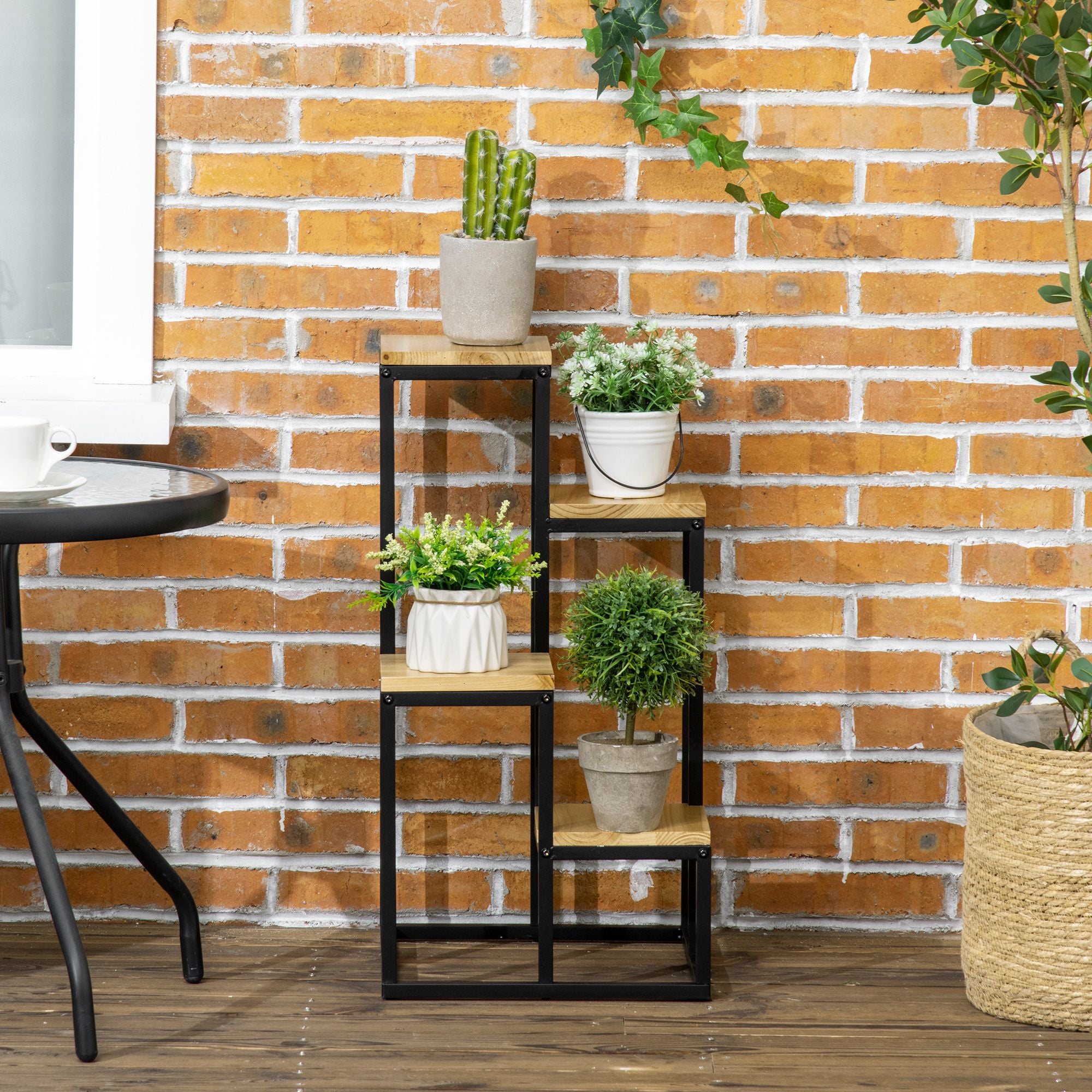 Plant Stand, Flower Steps with 4 Tiers, Multi-level Plant Rack, Plant Stand for Garden, Balcony, Wood, Natural, 34 x 34 x 66 cm