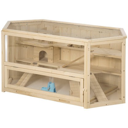 Hamster Cage made of Wood 3 Levels Terrarium Rodent Cage Small Animal Cage with Folding Lid Viewing Window Ramp Feeding Bowl Accessories, Small Animal House Wooden Cage Cage for Hamster 115x60x55cm Natural Wood