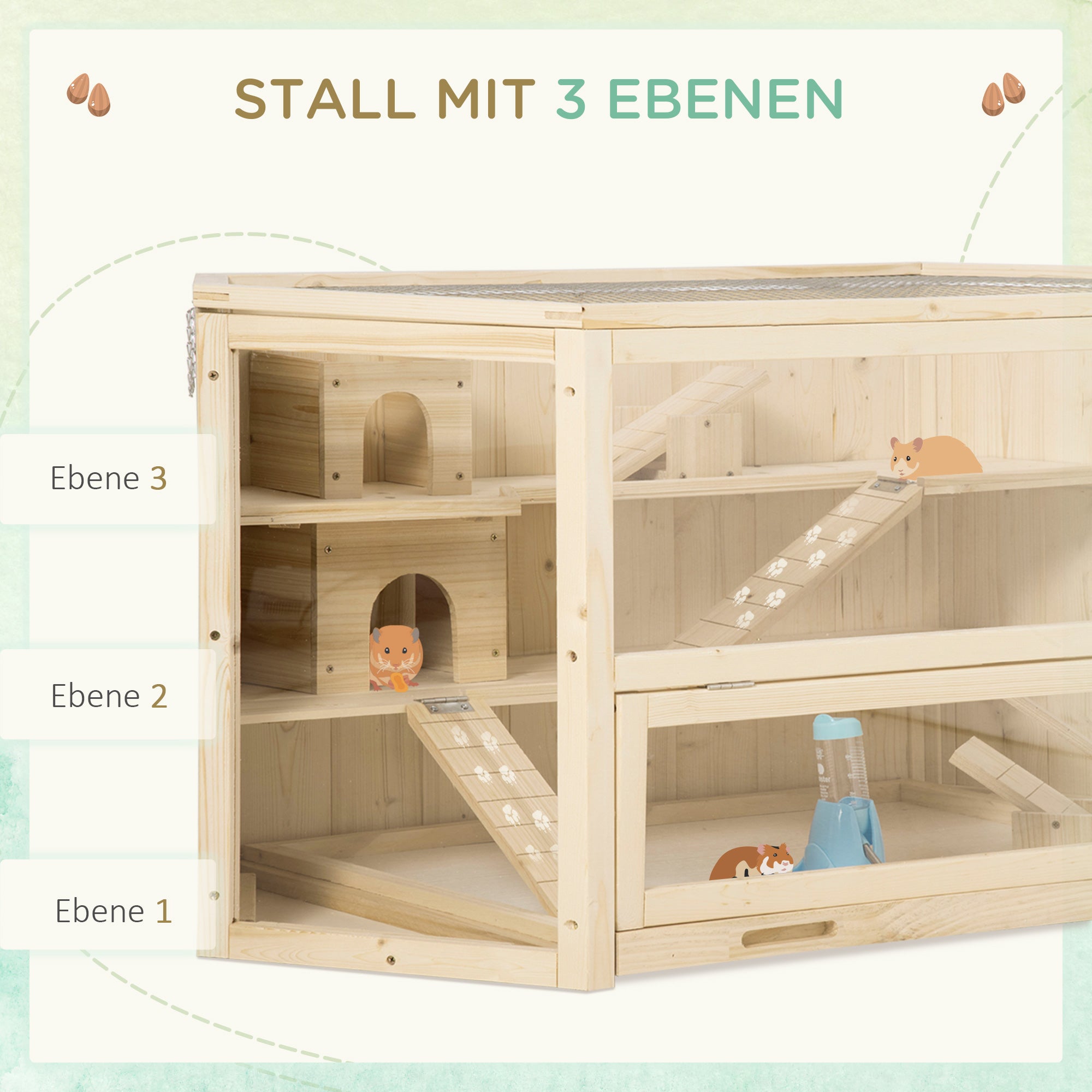 Hamster Cage made of Wood 3 Levels Terrarium Rodent Cage Small Animal Cage with Folding Lid Viewing Window Ramp Feeding Bowl Accessories, Small Animal House Wooden Cage Cage for Hamster 115x60x55cm Natural Wood
