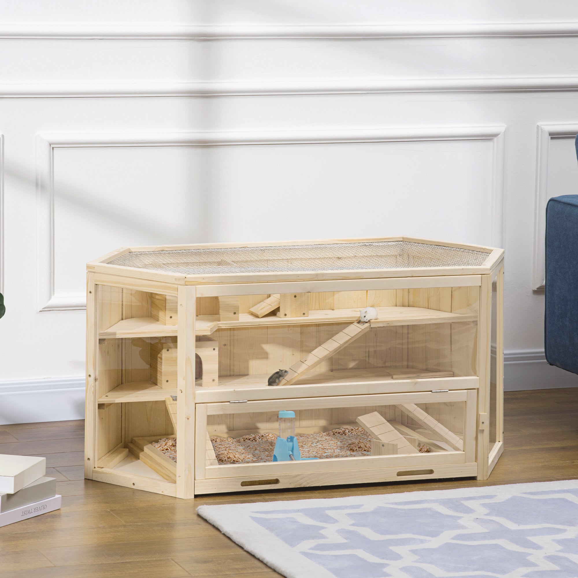 Hamster Cage made of Wood 3 Levels Terrarium Rodent Cage Small Animal Cage with Folding Lid Viewing Window Ramp Feeding Bowl Accessories, Small Animal House Wooden Cage Cage for Hamster 115x60x55cm Natural Wood